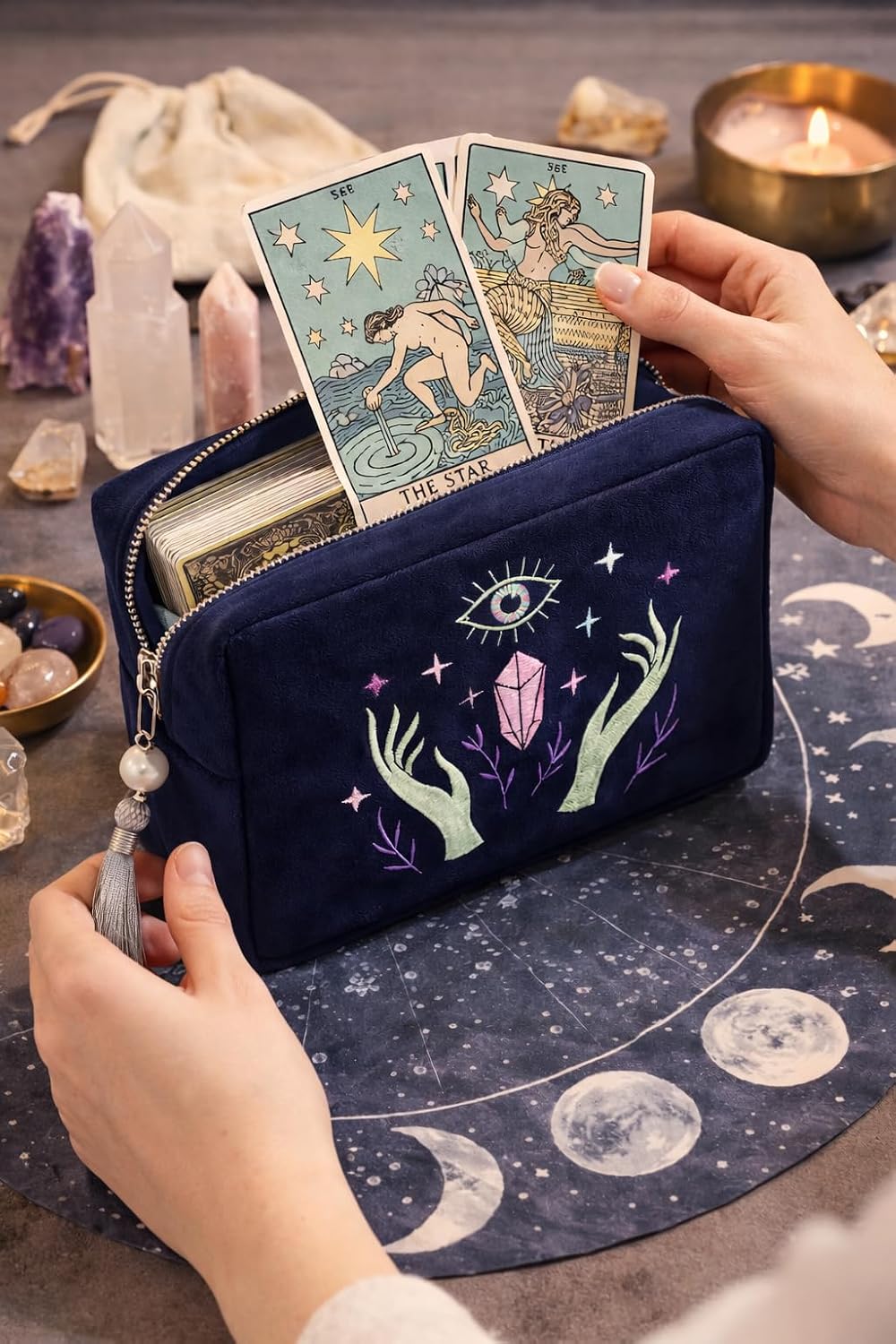 Bolsa terciopelo con cremallera para tarot y cristales