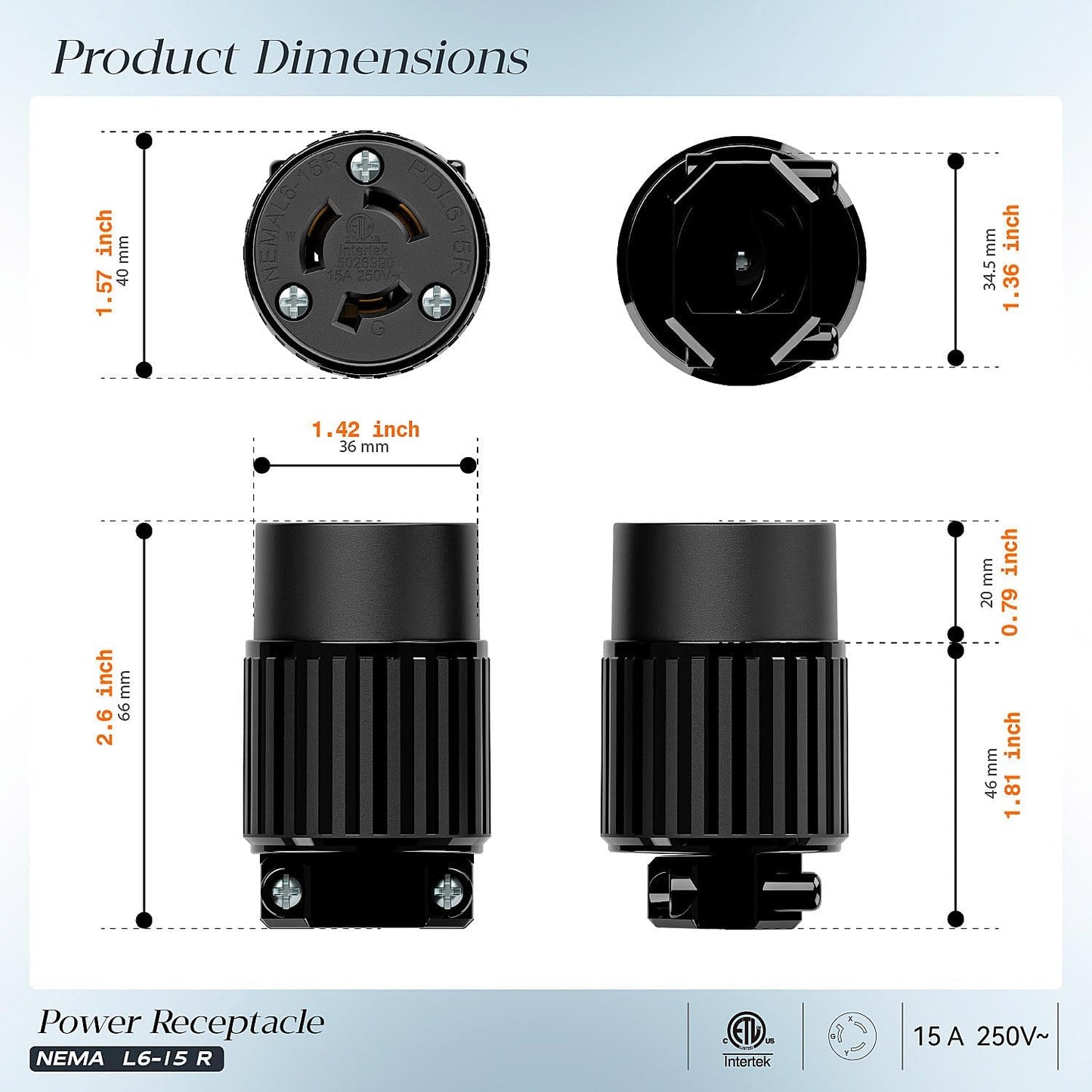 Enchufe L6-15R 15A 250V grado industrial negro