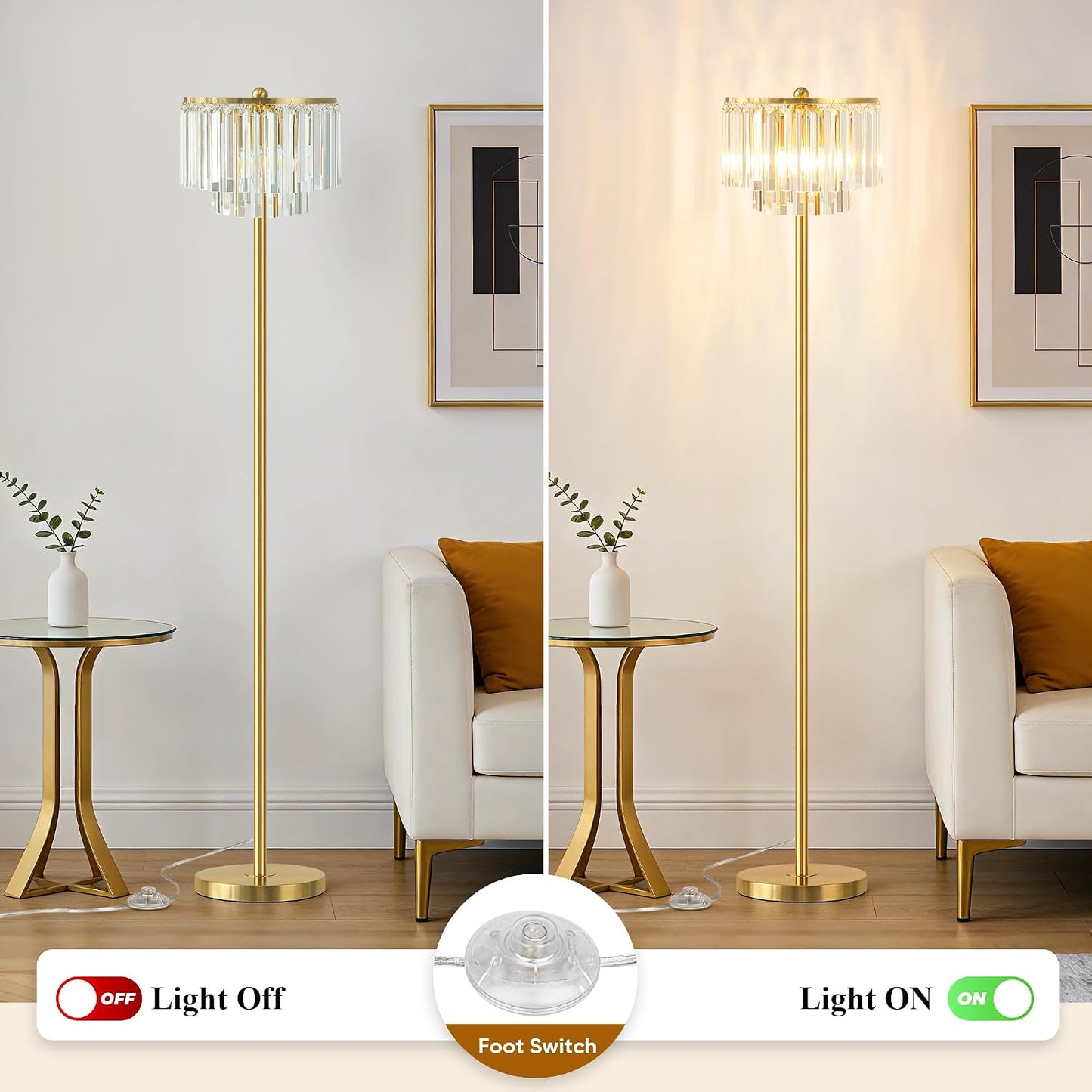 Lámpara pie dorada 63pulg pantalla cristal barras doble capa
