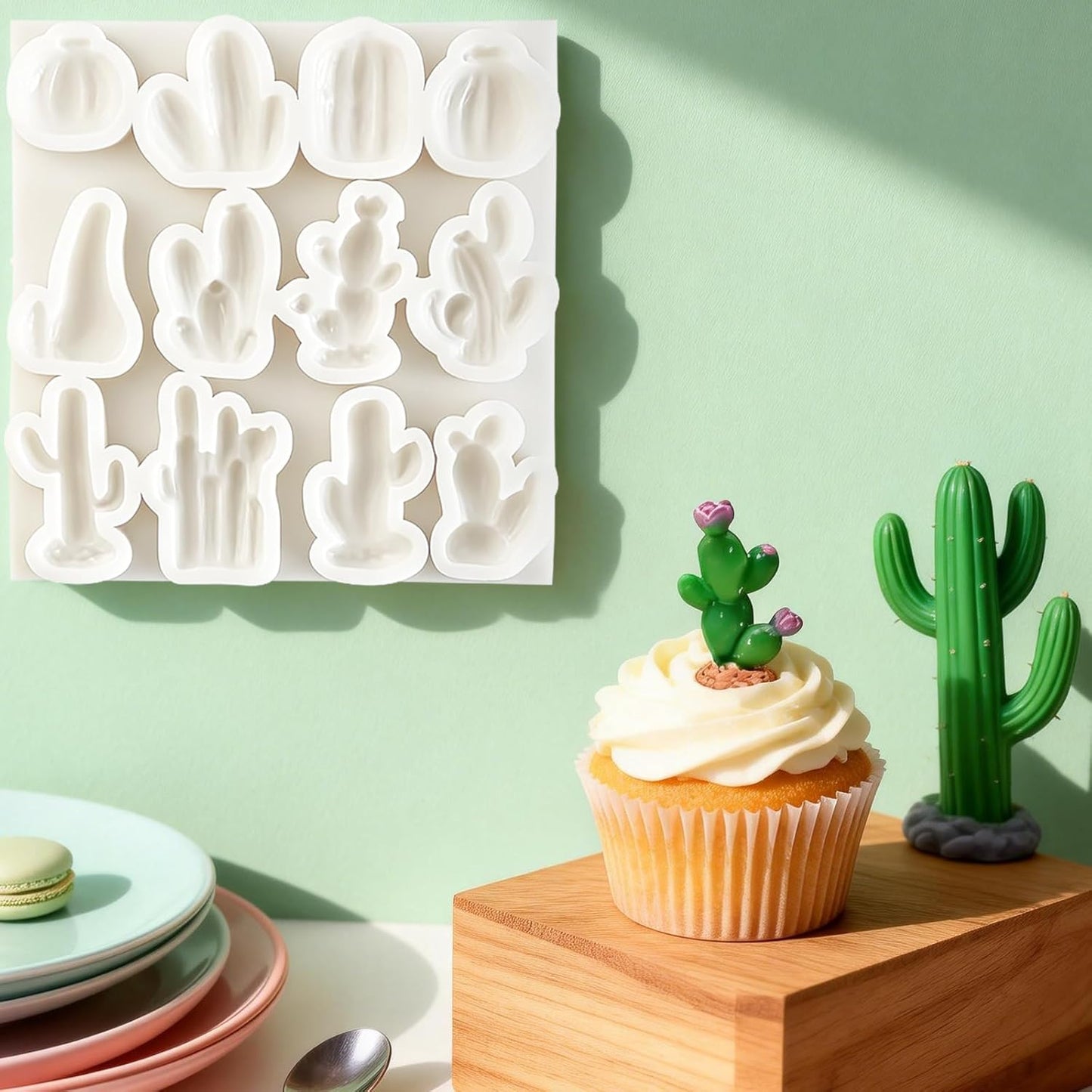 Molde silicona fondant cactus decoración cupcakes glaseado