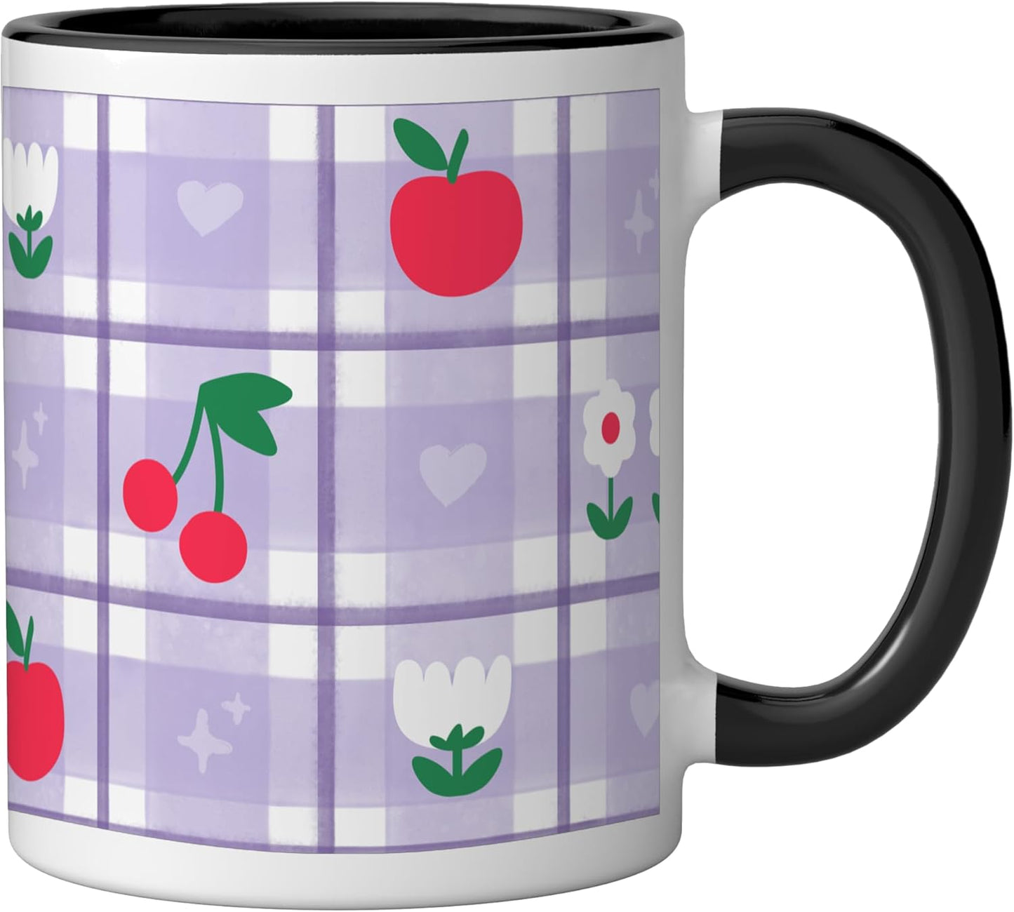 Taza cerámica Lilac Gingham con manzanas, flores, corazones, cerezas y estrellas