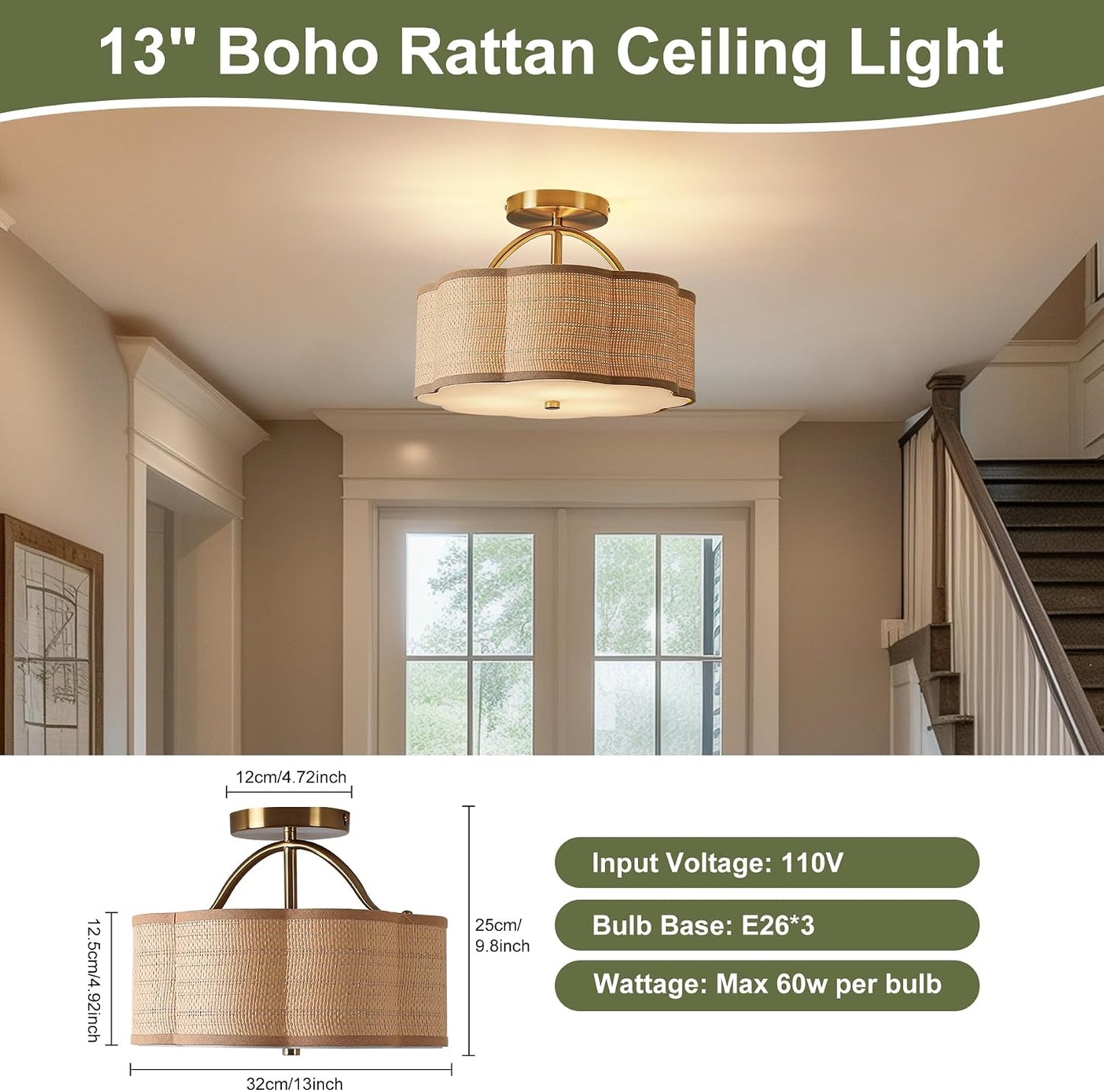 Lámpara techo ratán 13pulg 3 luces estilo bohemio
