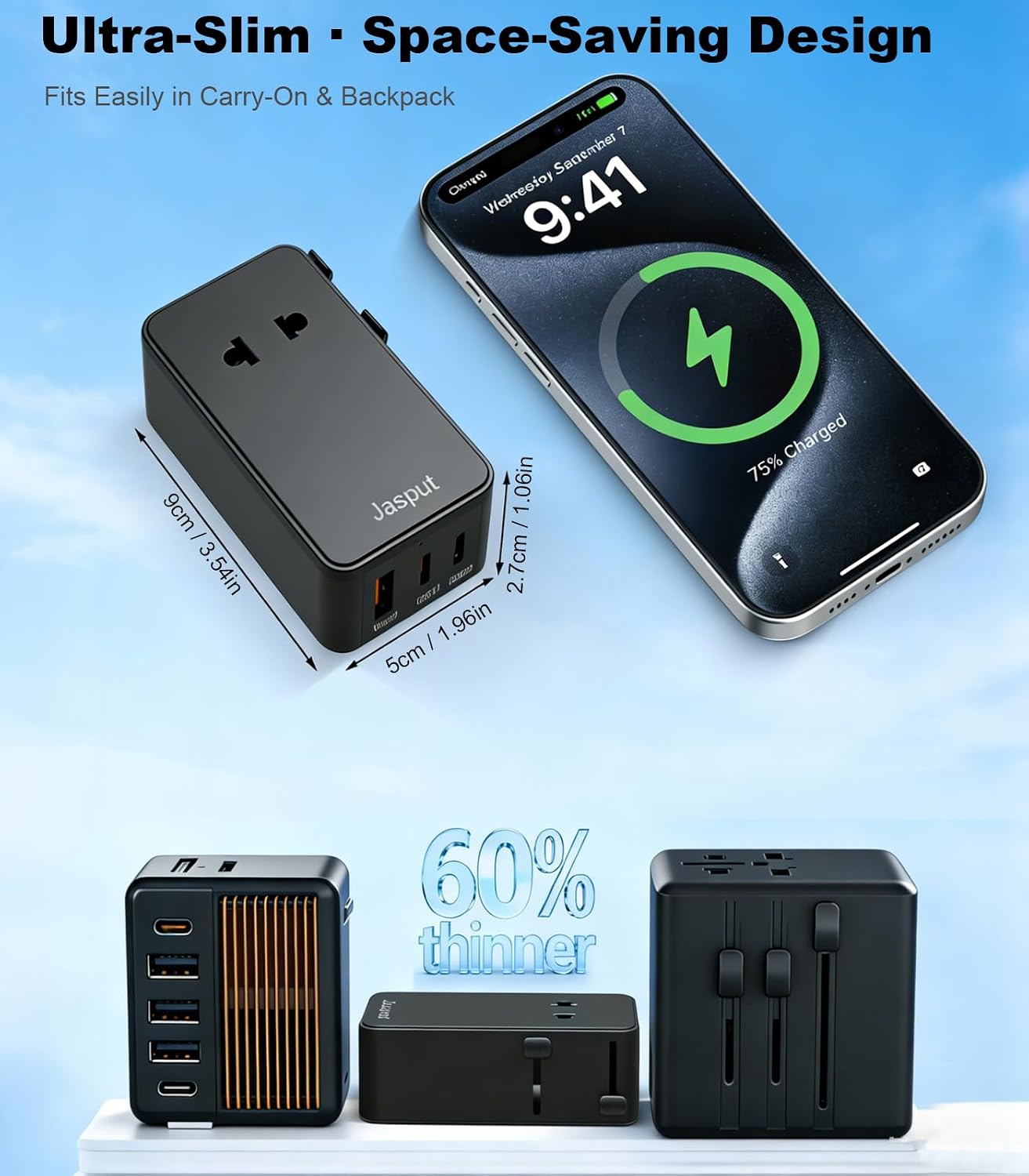 Adaptador viaje universal ultrafino 2026 2USB-C 1USB-A