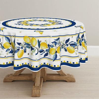 Mantel redondo de verano 60x60 pulgadas diseño vintage limón blanco y amarillo lavable