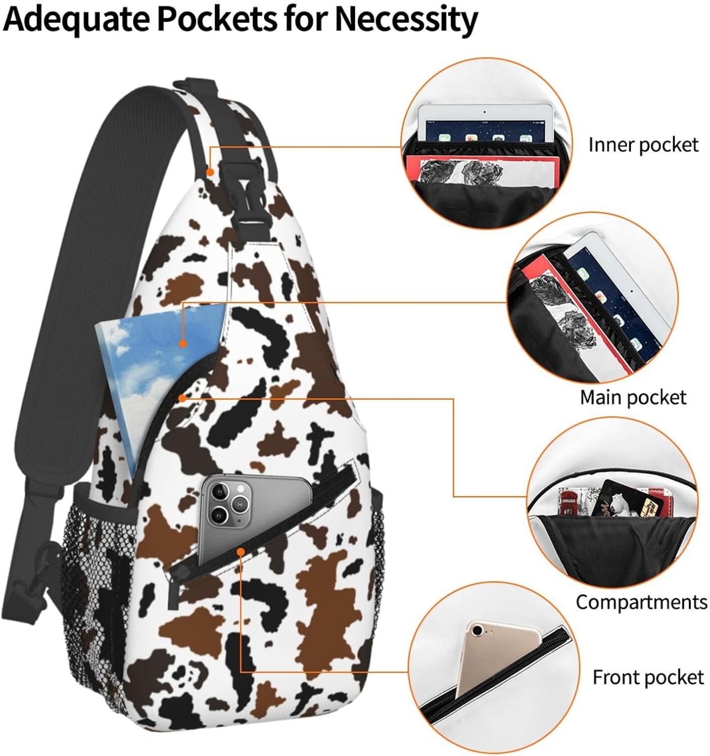 Bolso cruzado estampado vaca para viajes senderismo ciclismo