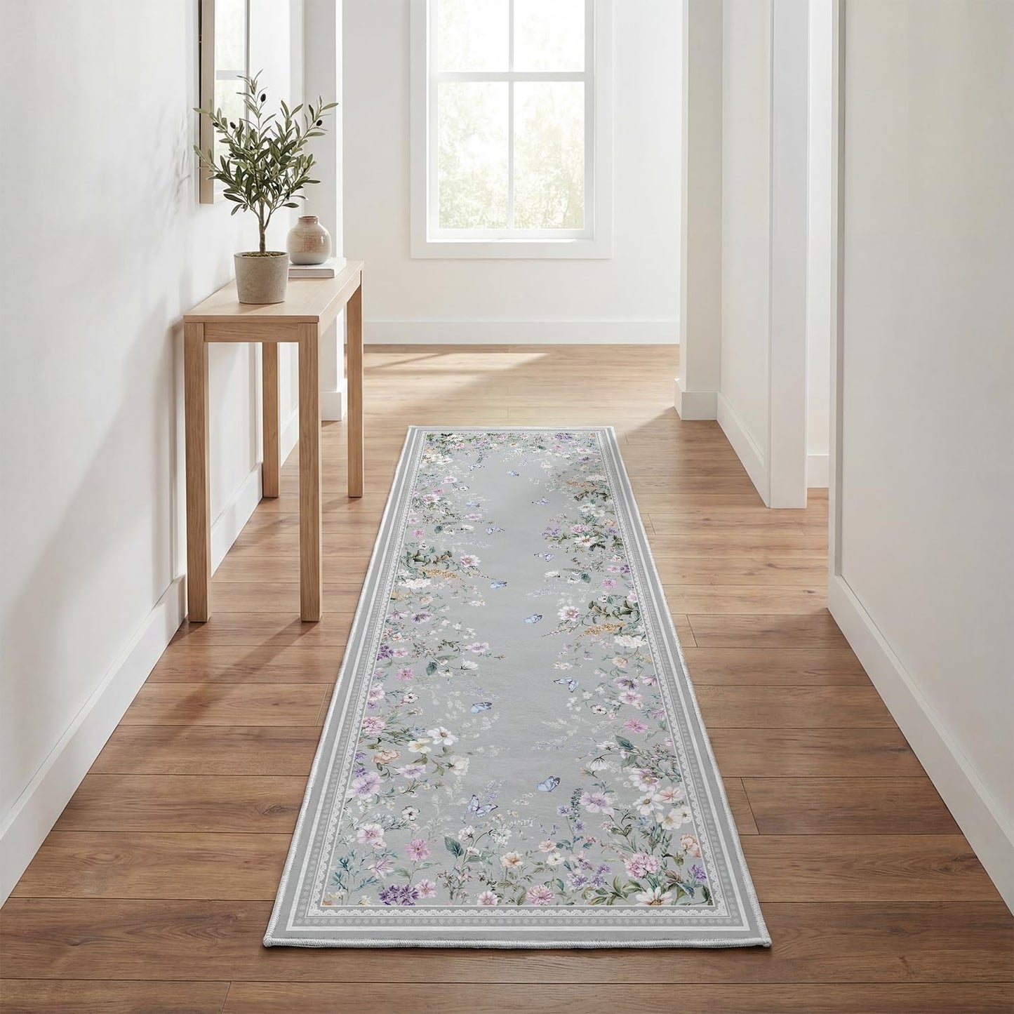 Alfombra pasillo 2x6ft antideslizante lavable mariposas grises