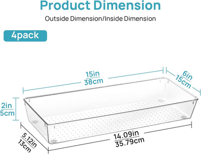 Paquete de 4 organizadores de cajones de cocina 15 x 6 pulgadas transparentes