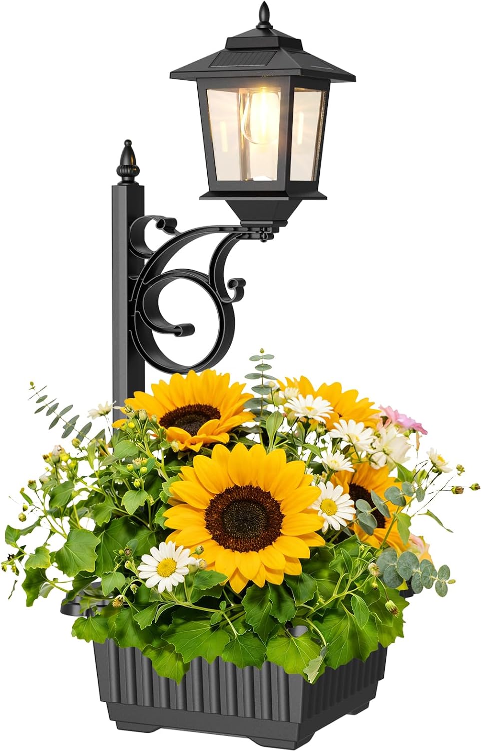 Maceta 2en1 con lámpara solar para poste o pared jardín