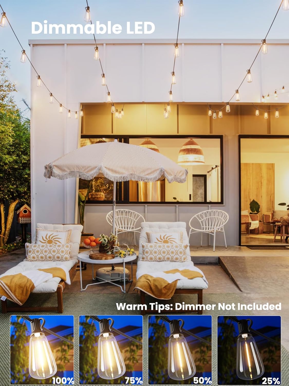 Guirnalda luces exteriores 25ft 13 bombillas Edison ST38 luz blanca