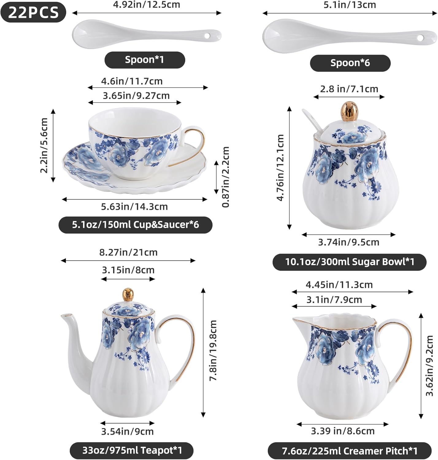 Juego té cerámica flores azules con tetera azucarero jarra leche