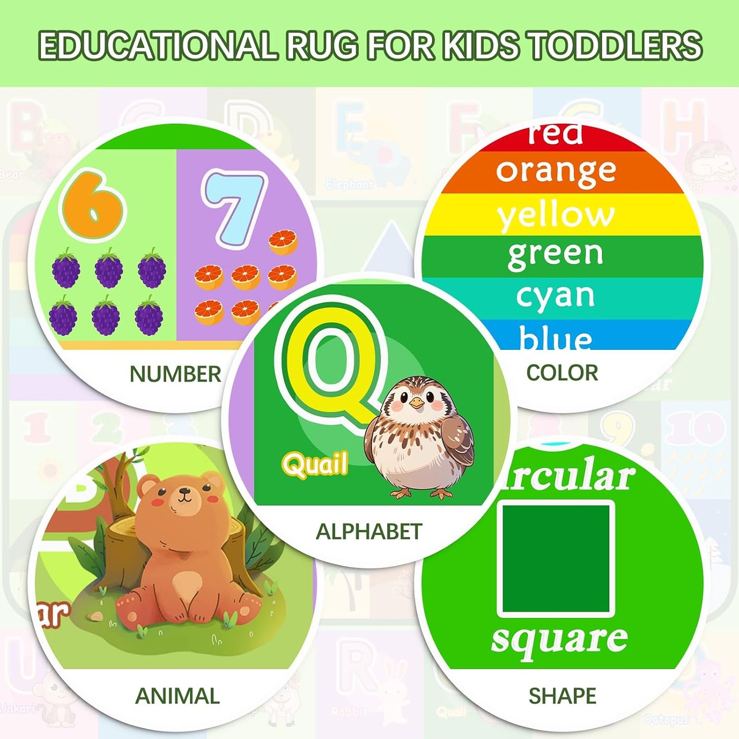 Alfombra educativa ABC números animales 6x8ft antideslizante