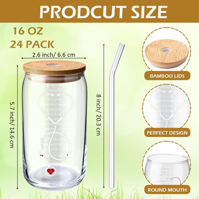 24 Vasos Vidrio Lata 16oz Con Tapa Pajilla Etiqueta Agradecimiento
