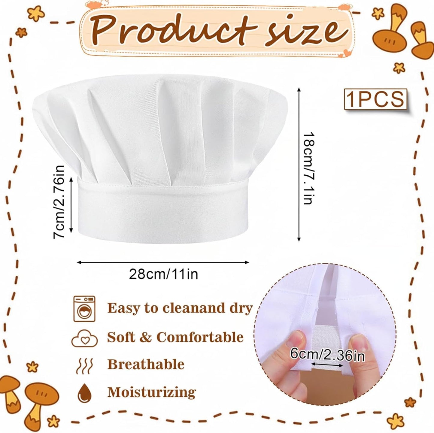 Sombrero de chef ajustable para adultos color blanco