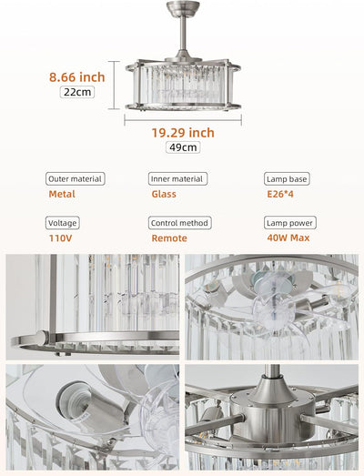 Ventilador techo cristal plateado 20pulg con luz 6 velocidades