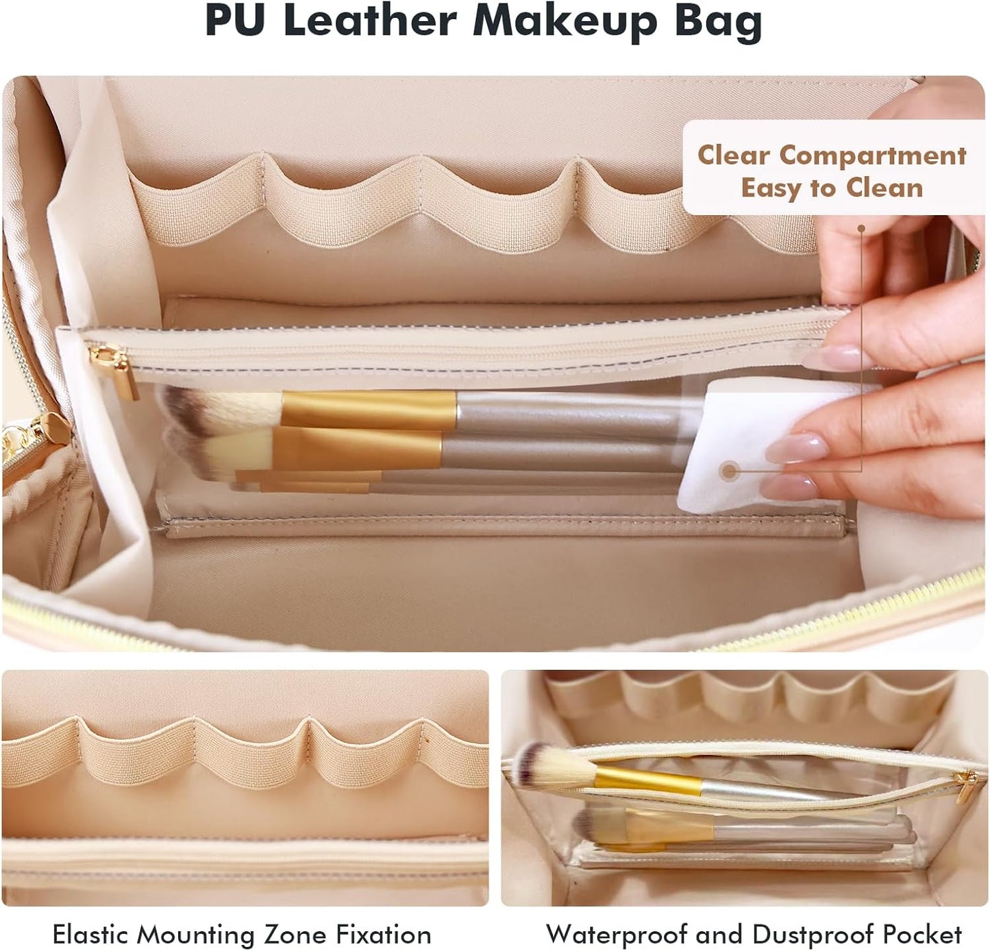 Bolsa maquillaje mujer piel vegana impermeable beige con divisor