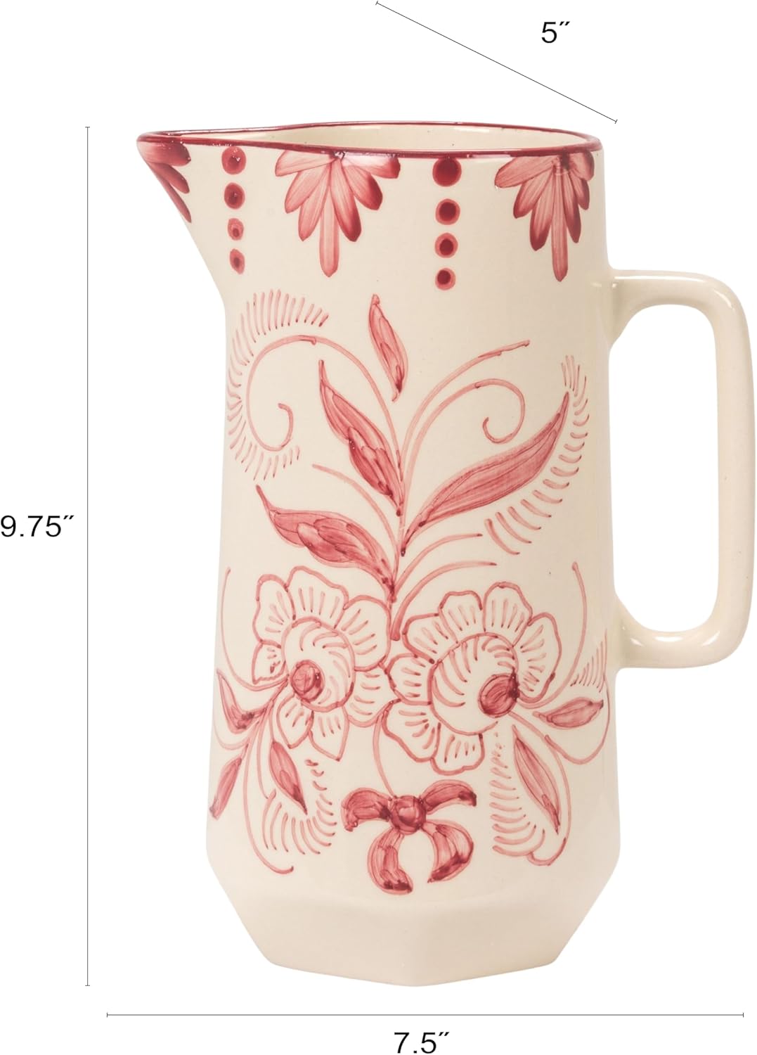 Jarra de gres pintada a mano con diseño botánico rosa y blanco
