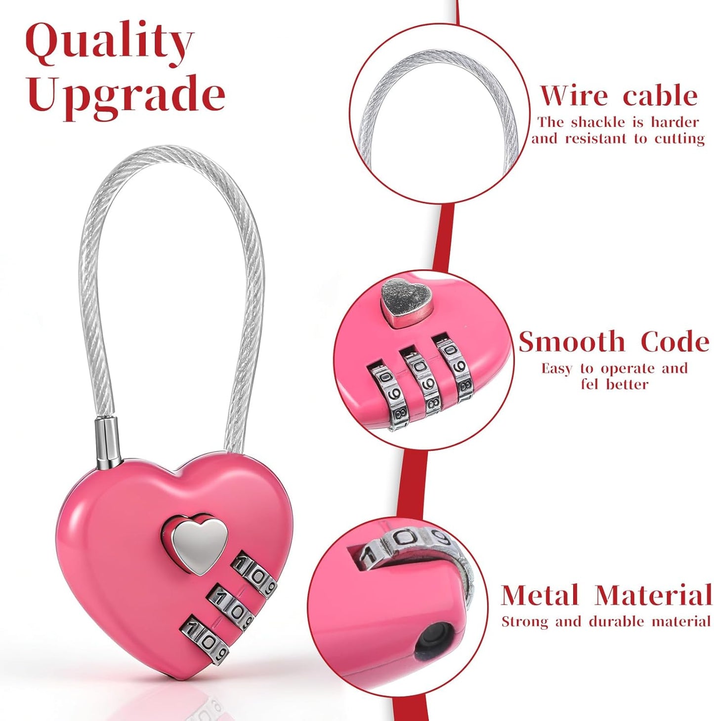 Candado corazón 3 dígitos reajustable rosa con cable 4.3pulg