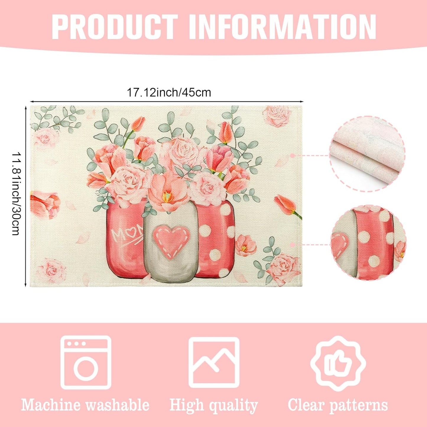 Juego de 4 manteles individuales rosados 12 x 18 pulgadas