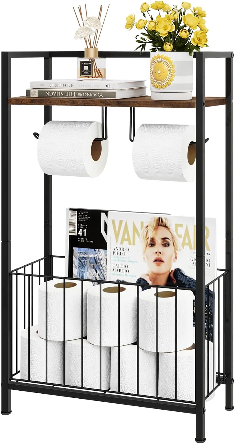 Soporte papel higiénico con estante y cesta marrón rústico