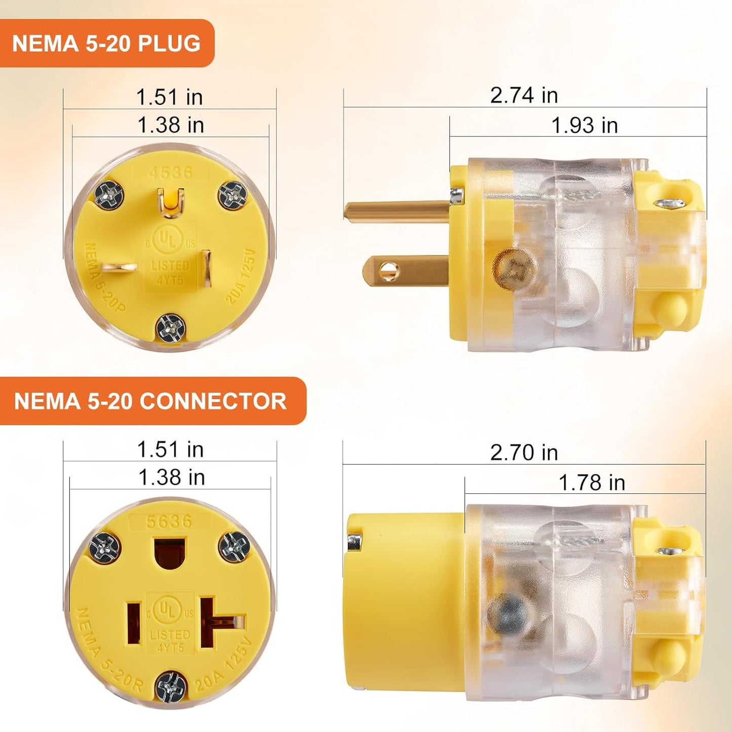 Cable extensión iluminado 20A NEMA 5-20 con conectores
