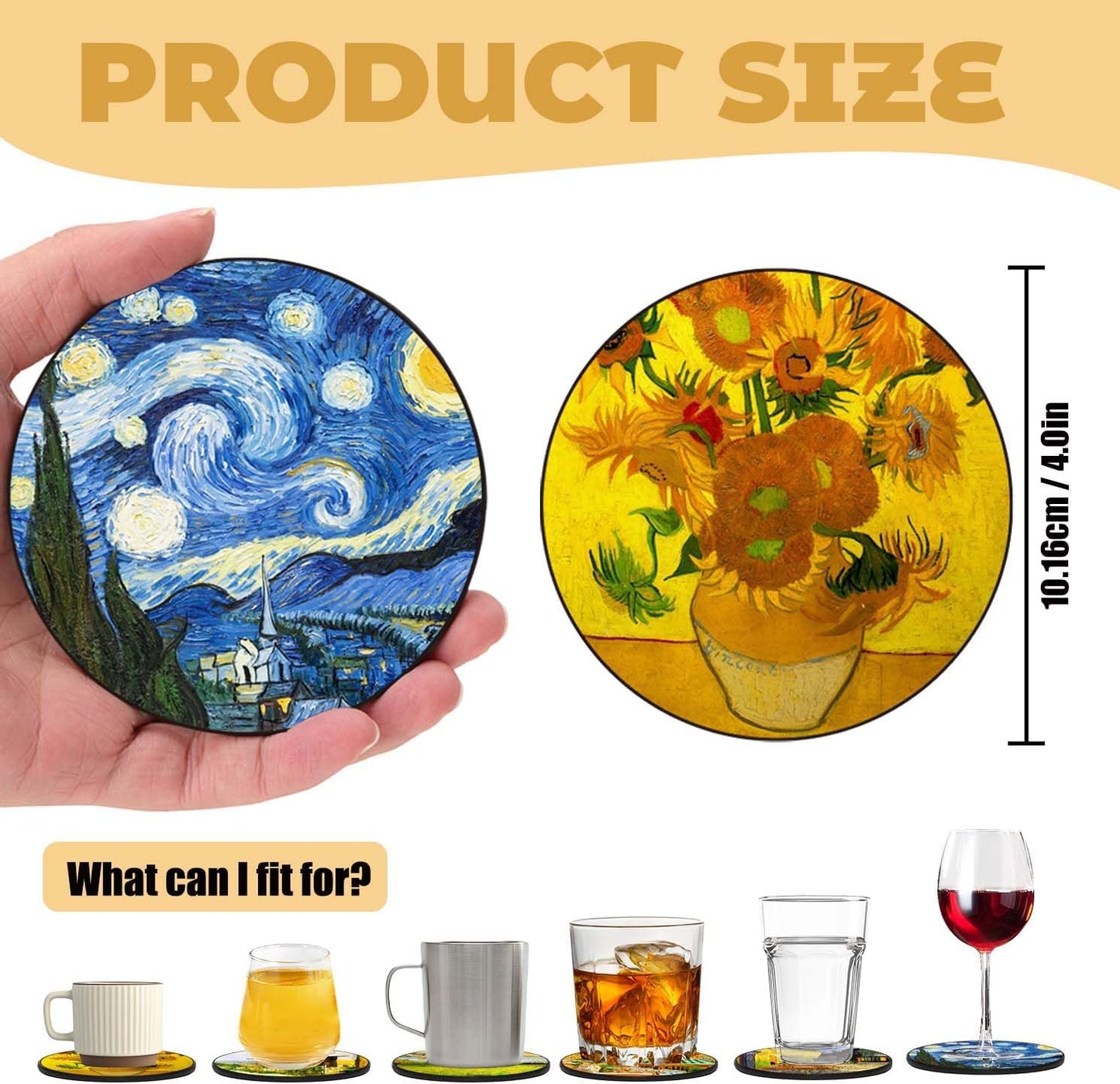 Juego de 6 posavasos sintéticos estilo Van Gogh para bebidas con soporte