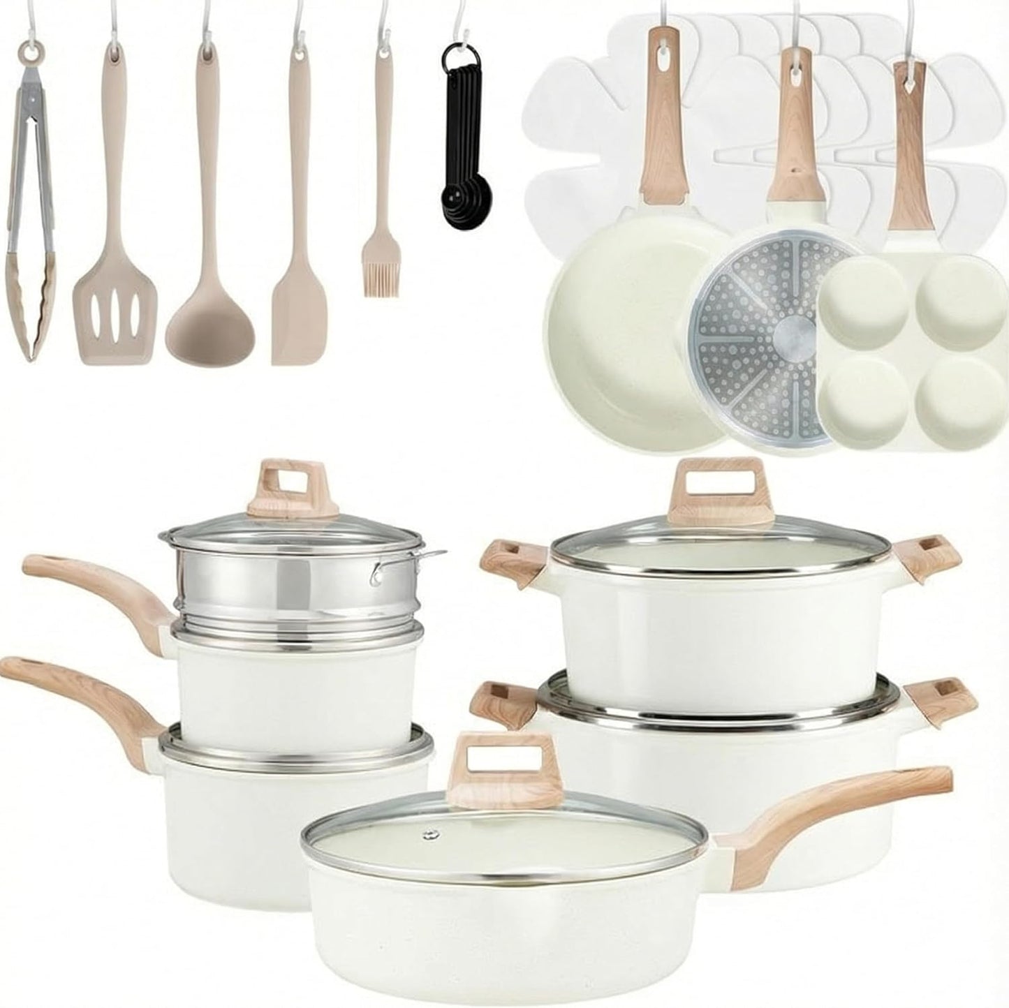 Set 25 Utensilios Cerámica Antiadherente Inducción Beige