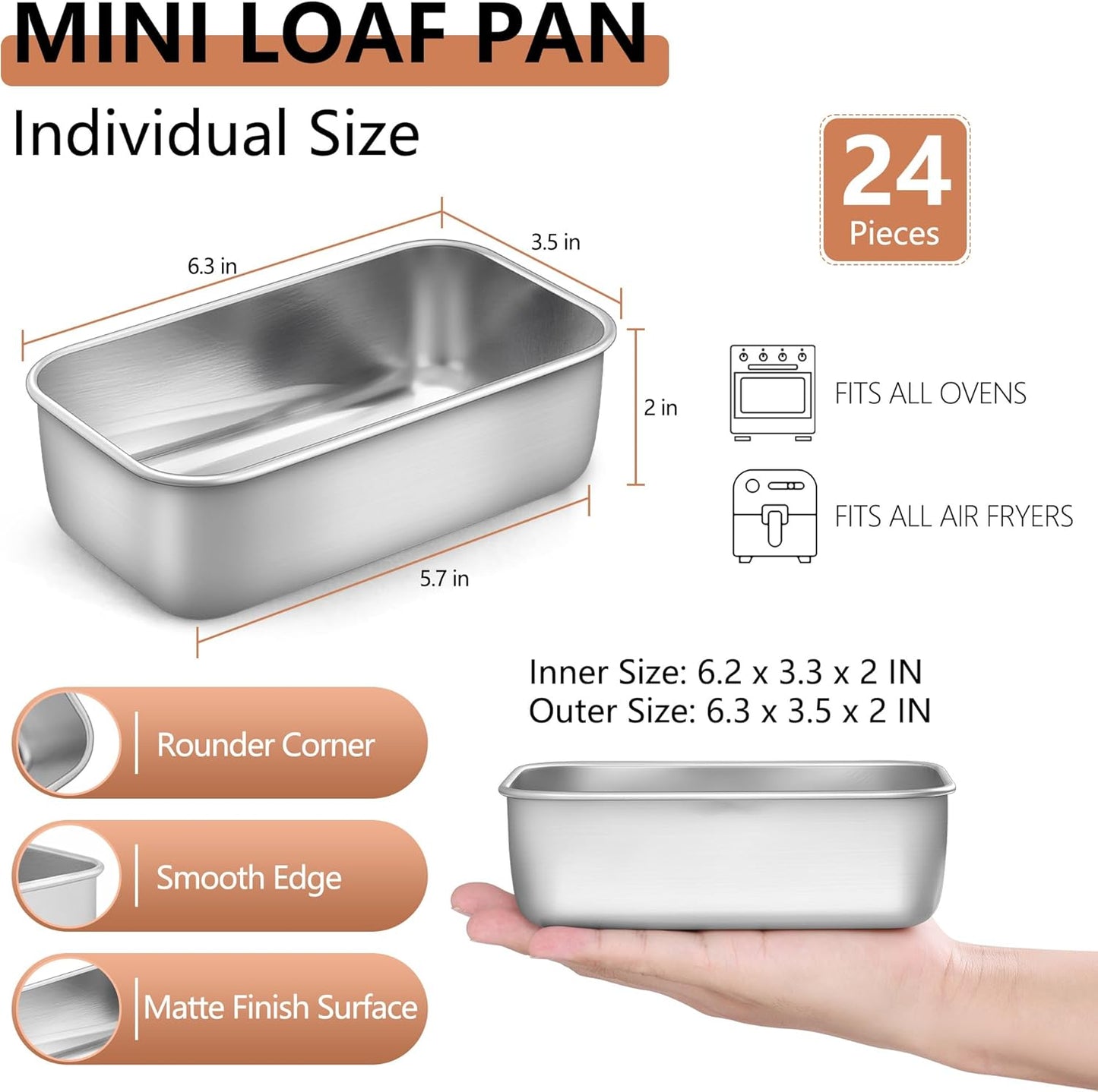 Pack 24 Moldes Acero Inox Pan 6.3x3.5pulg
