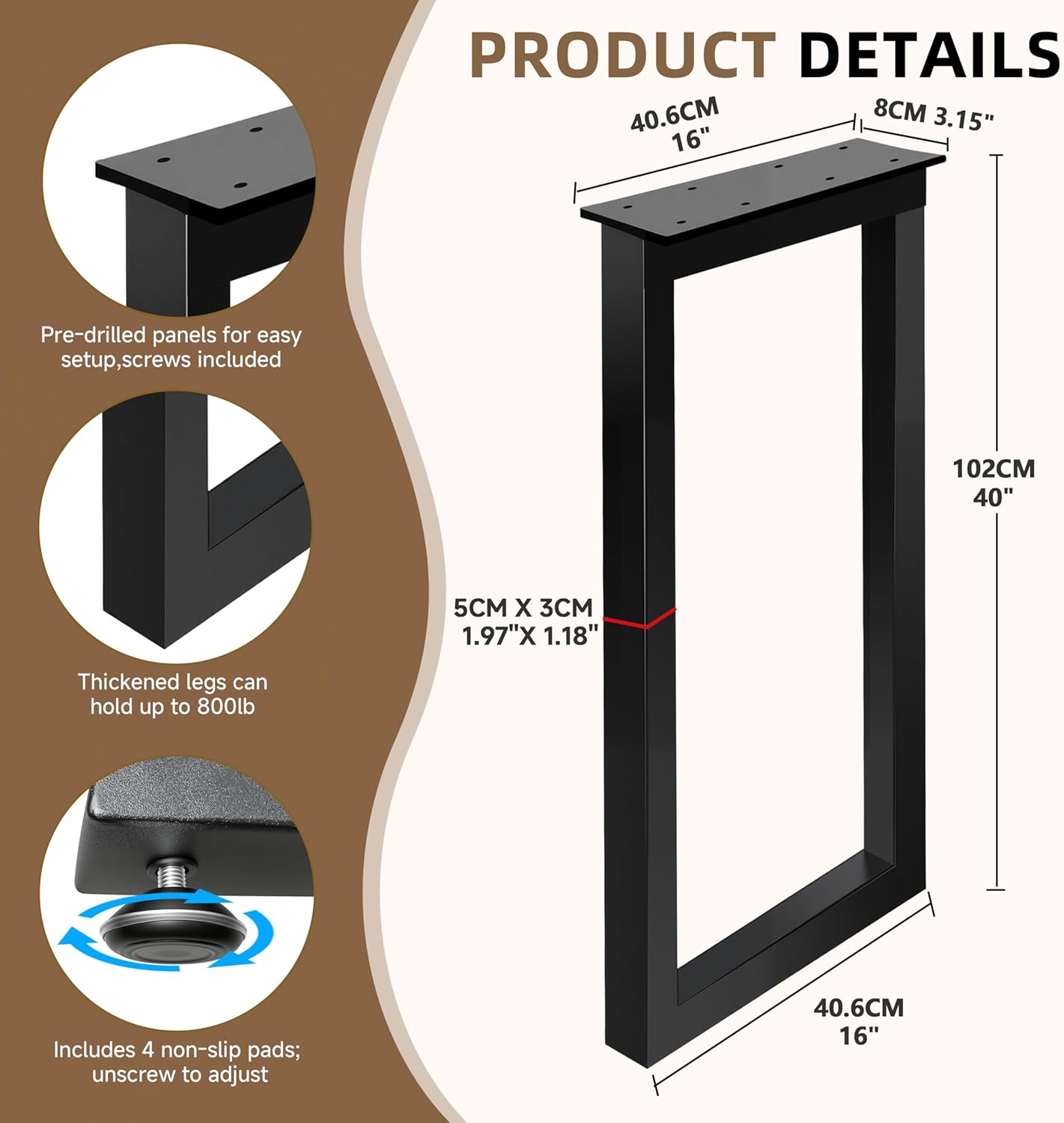 Patas mesa bar 40pulg acero industrial negro ajustables
