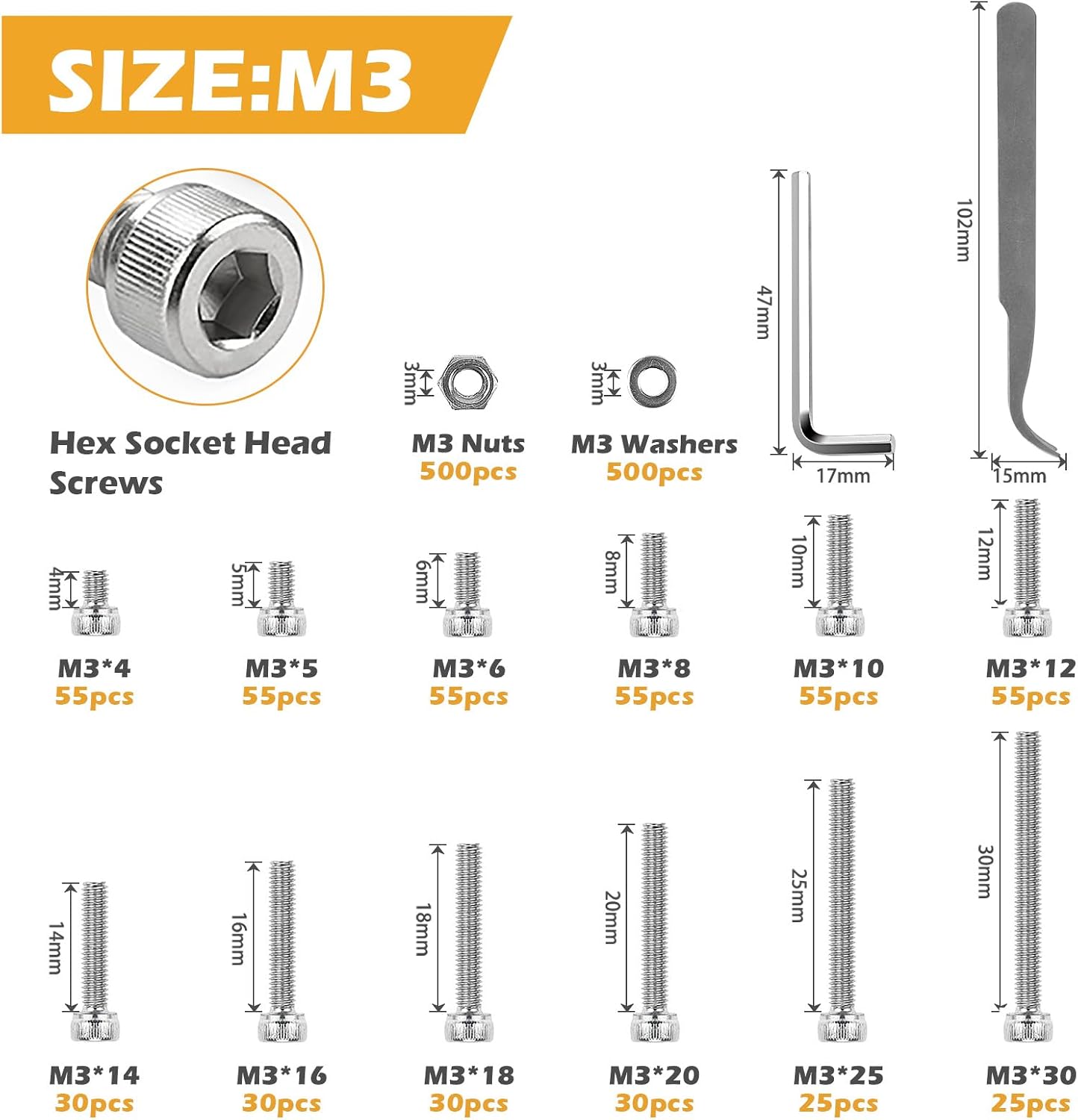 Set tornillos M3 acero inox hexagonal con llave Allen y pinza