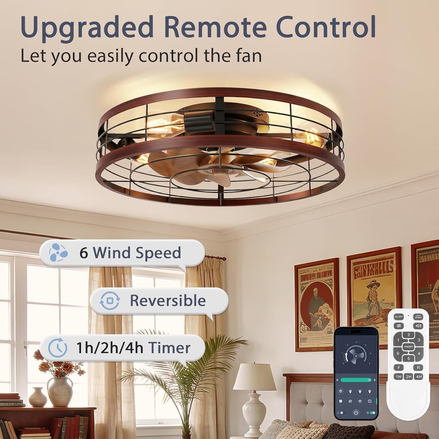 Ventilador techo enjaulado rústico 23.6pulg luz control remoto