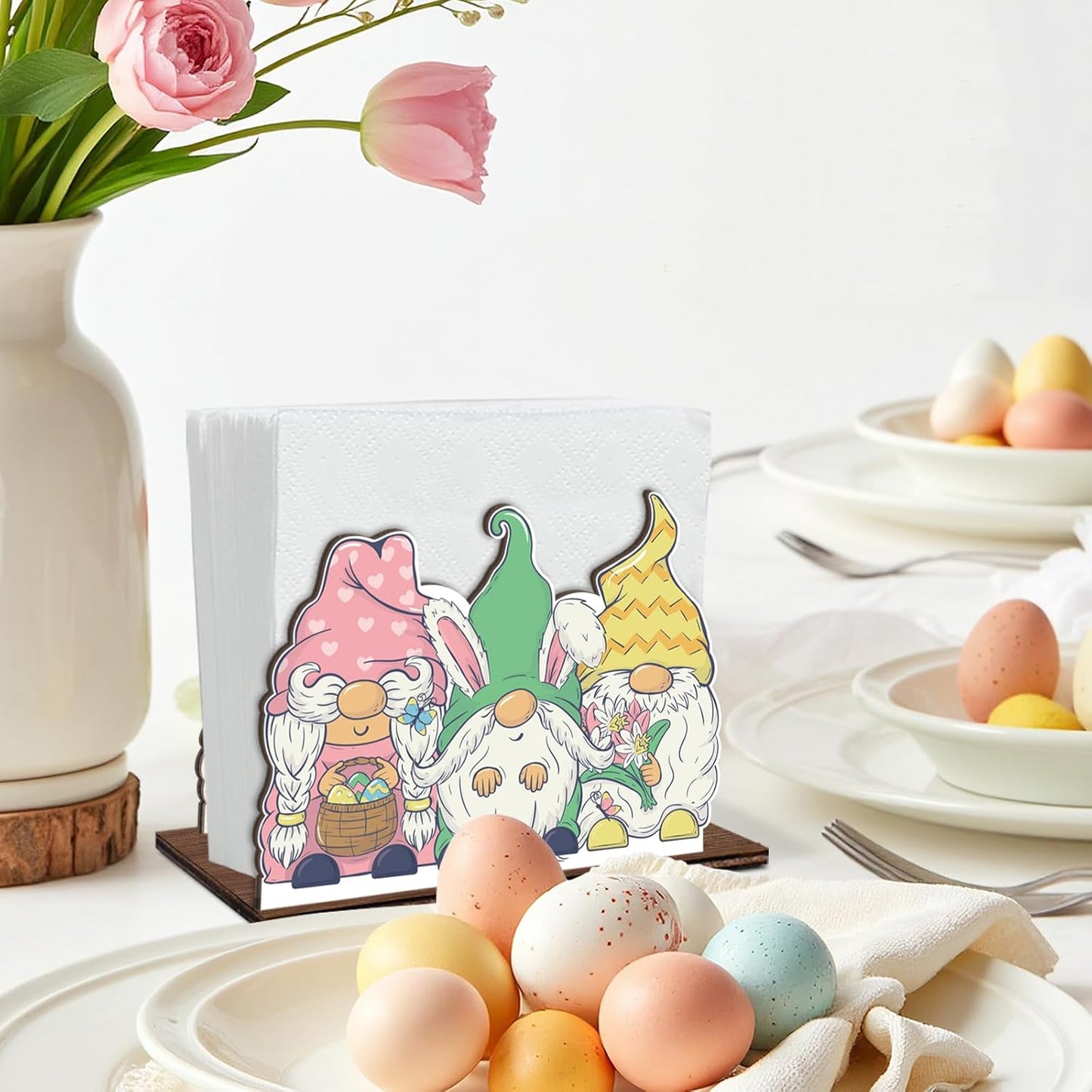 Servilletero Pascua gnomos madera decoración mesa