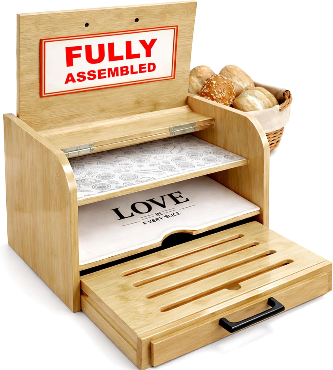 Caja pan bambú vintage para cocina grande madera real