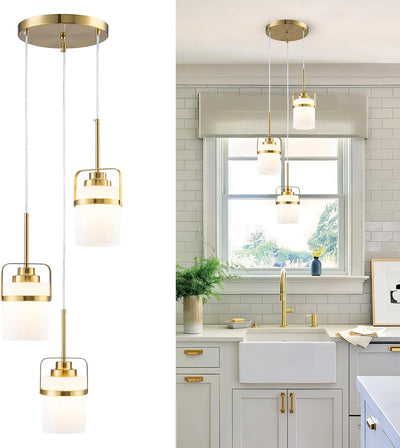 Lámpara colgante 3 luces latón pantalla vidrio leche moderna cocina