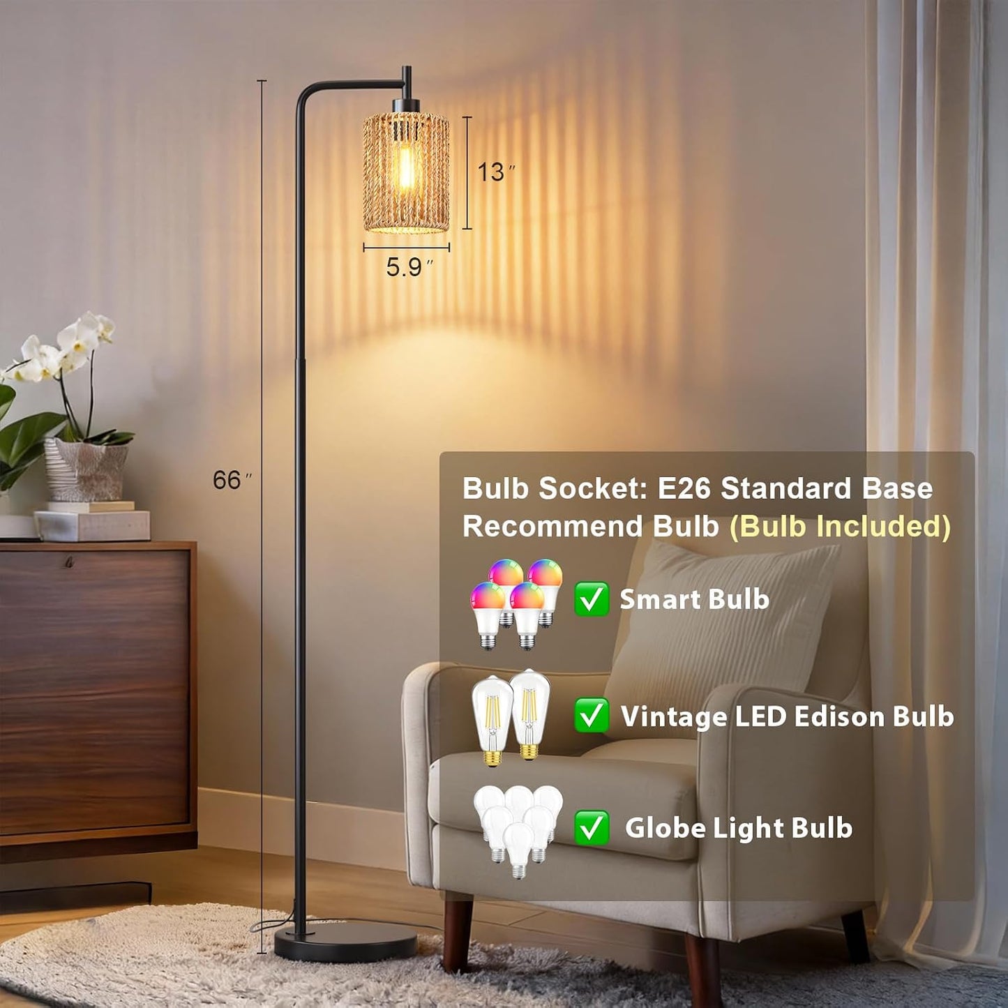 Lámpara pie negra 66pulg bohemia ratán LED interruptor