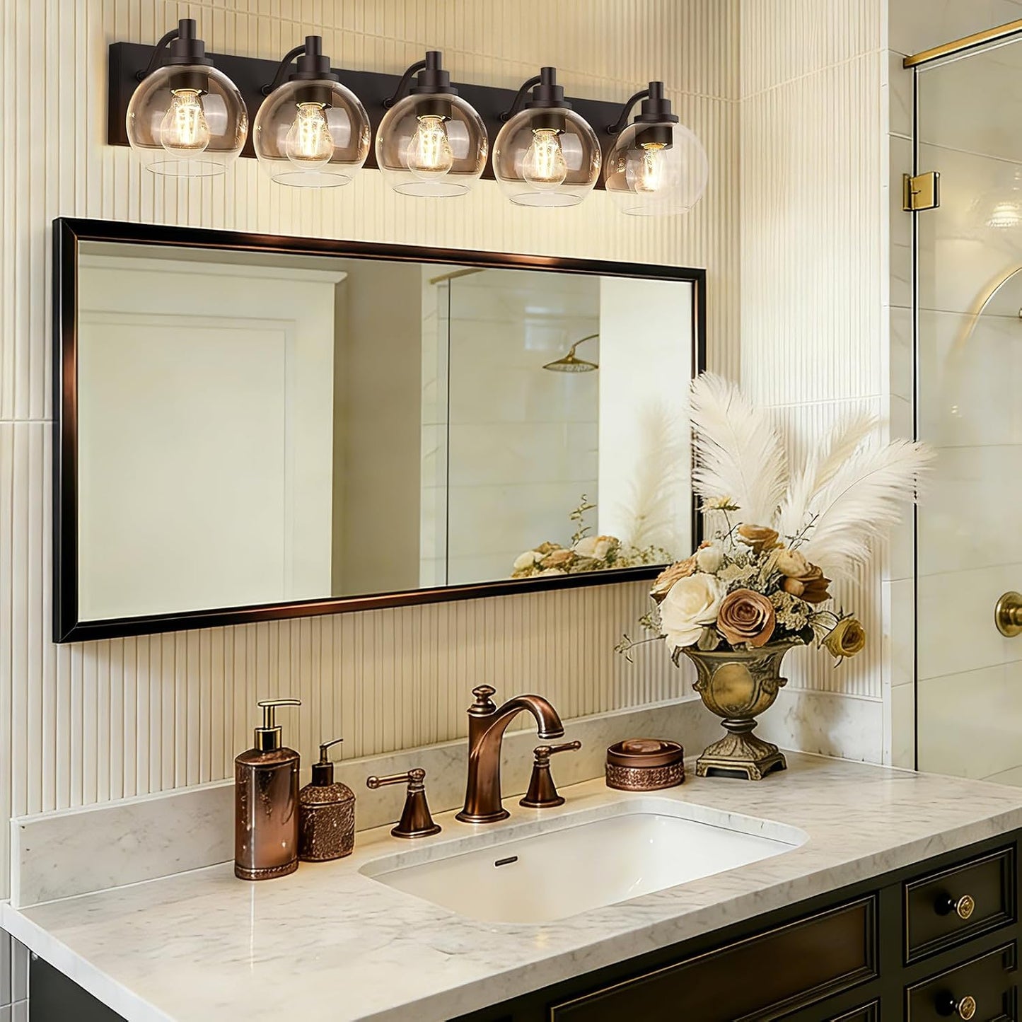 Lámparas baño 5 luces bronce apliques pared vidrio transparente E26