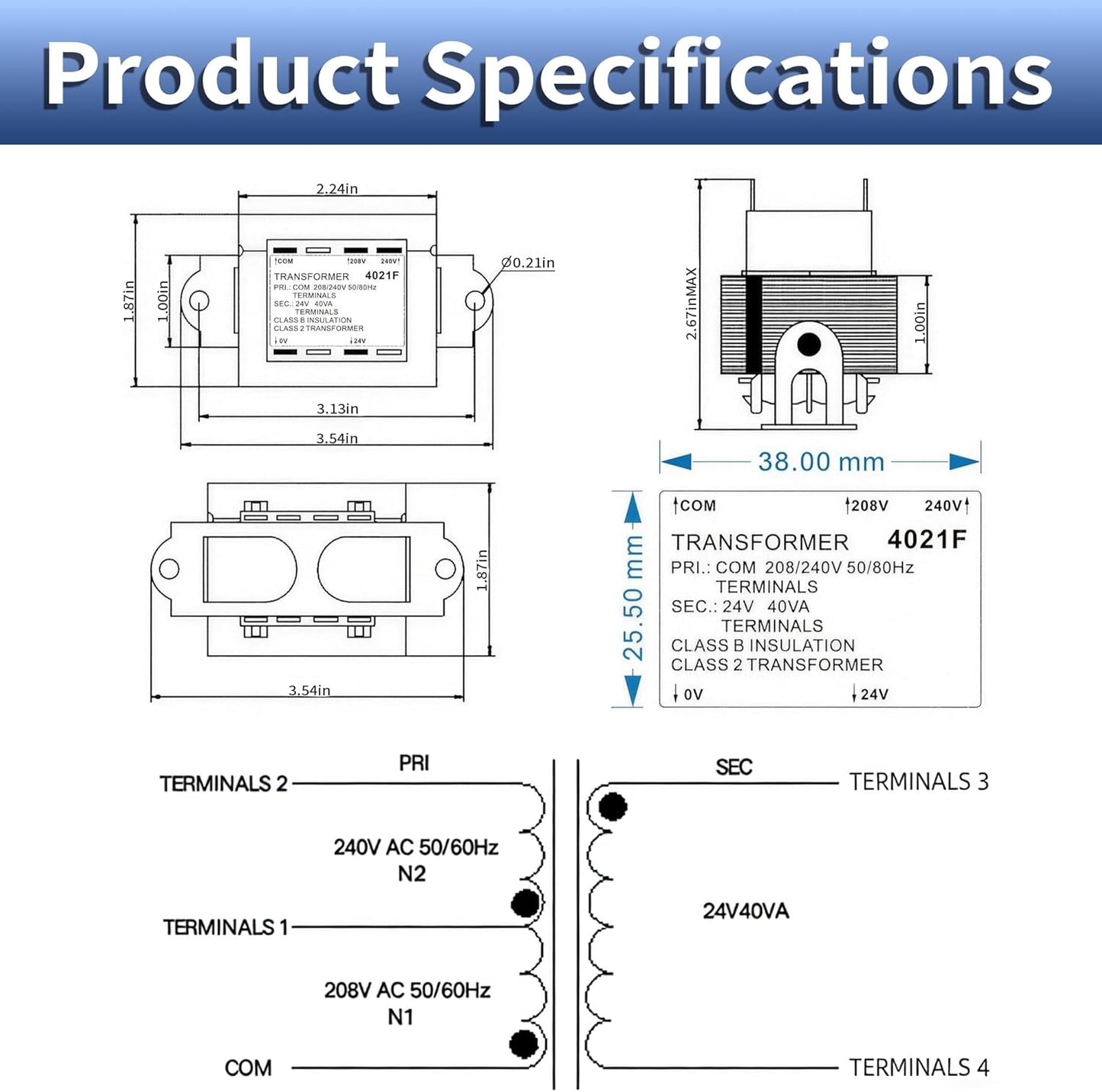 Transformador control horno 24V 40VA primario 208/240V secundario