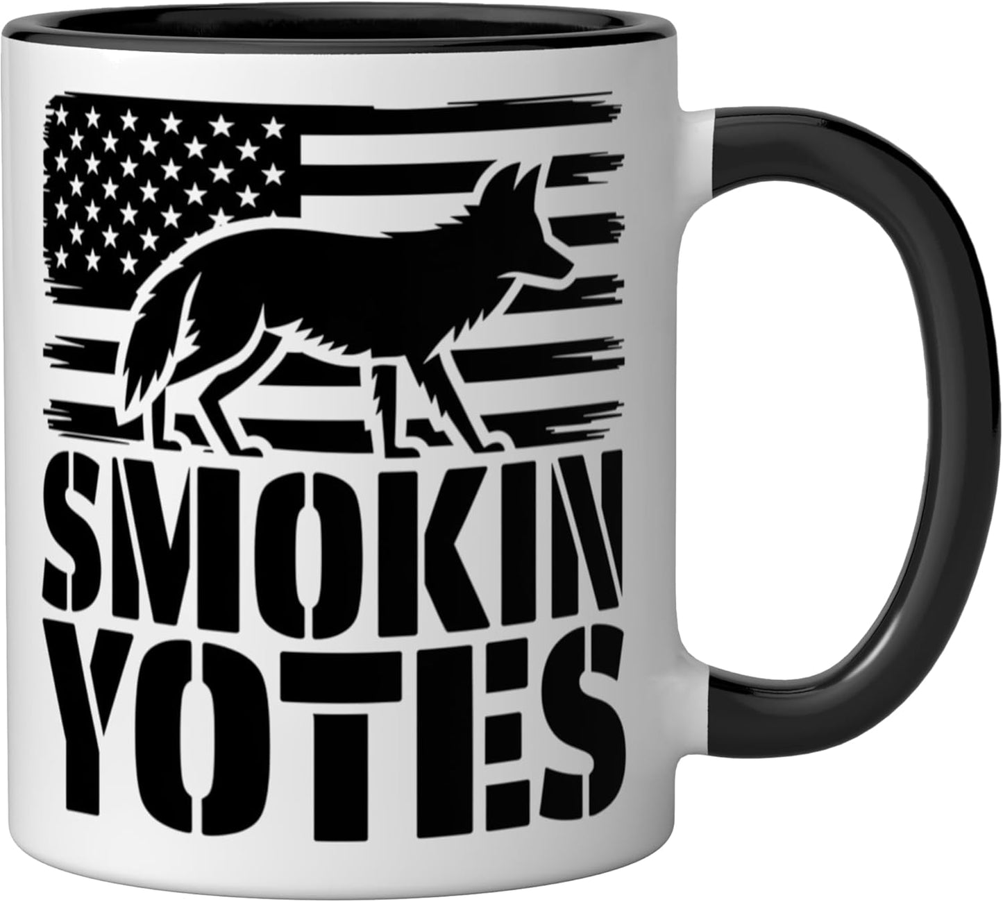 Taza de cerámica Smokin Yotes con diseño bandera americana negra y blanca