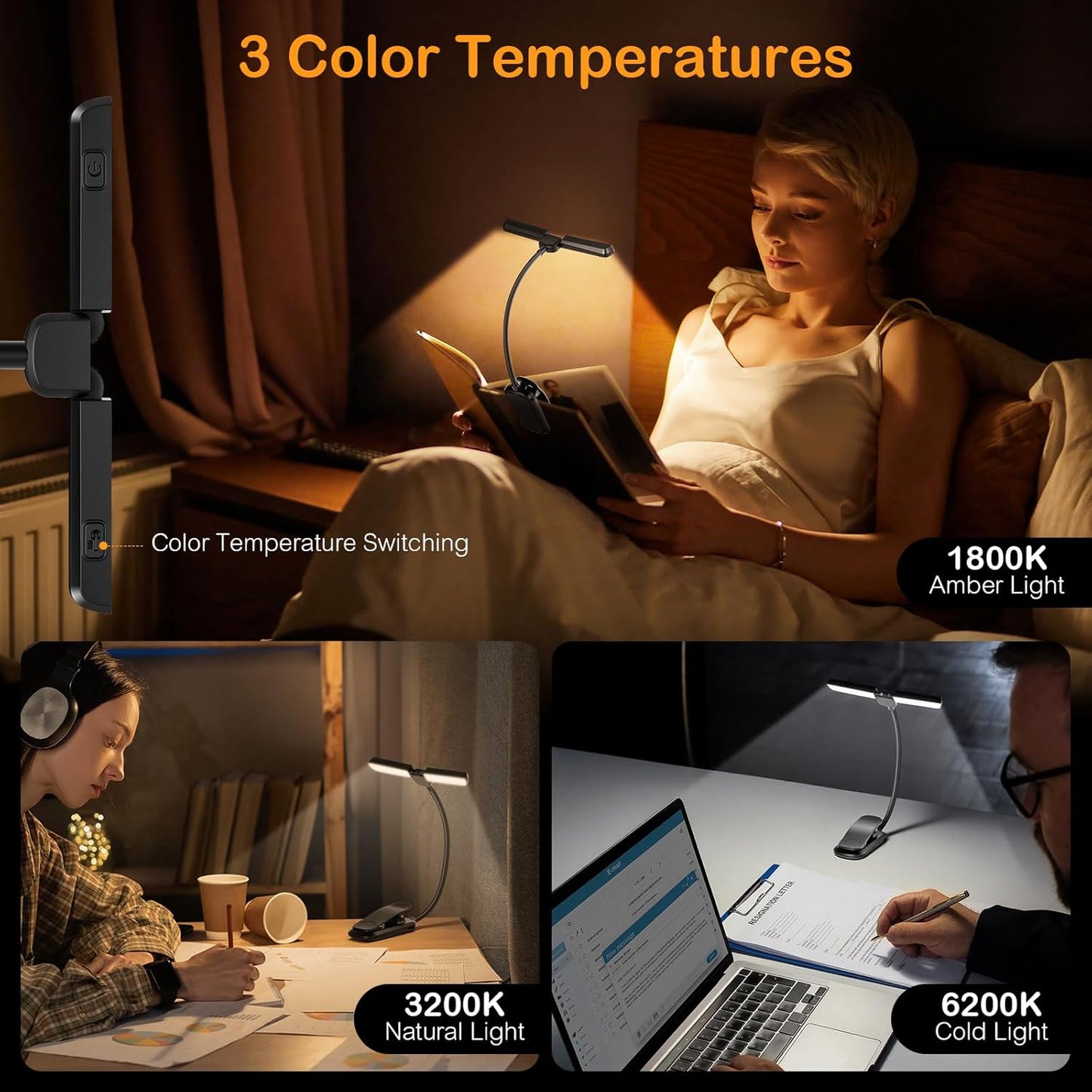 Luz libro recargable 18 LED con 3 temperaturas y atenuación