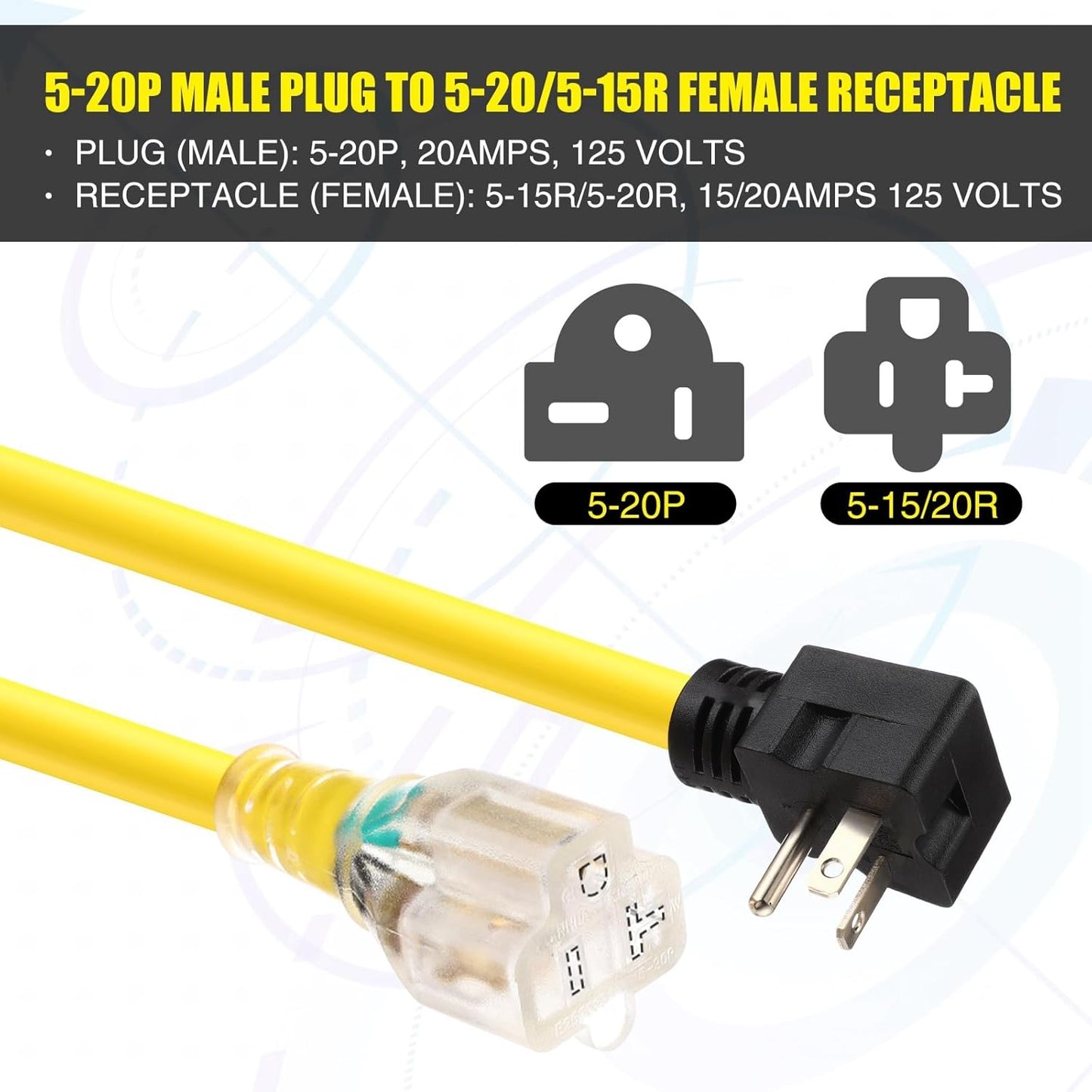 Cable extensión NEMA 5-20 40ft 20A con luz