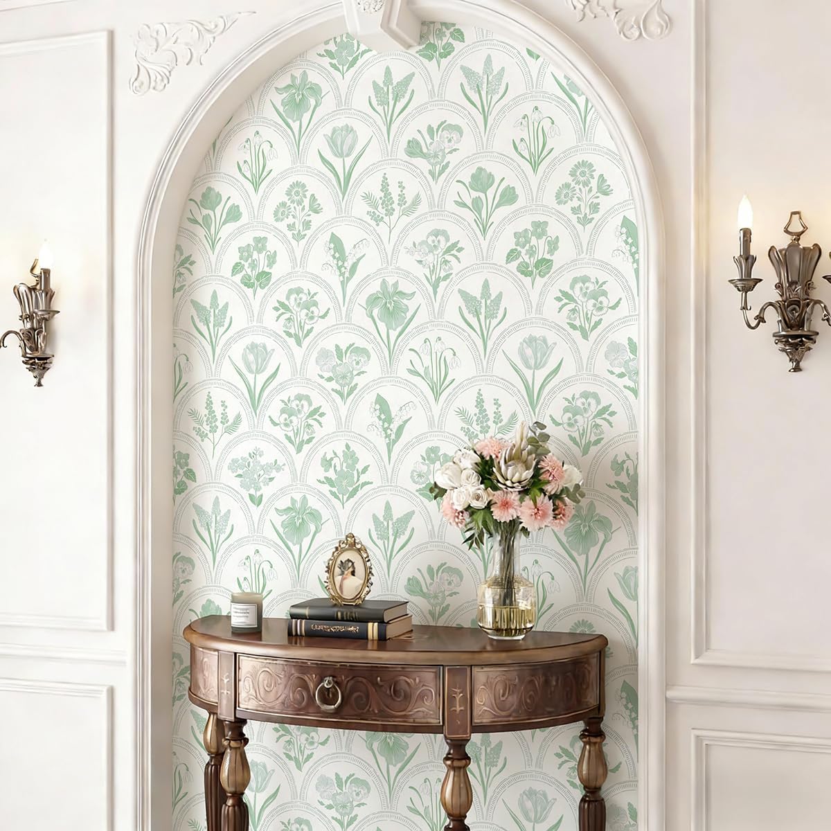 Papel tapiz autoadhesivo floral blanco y verde 16.9x196.8pulg