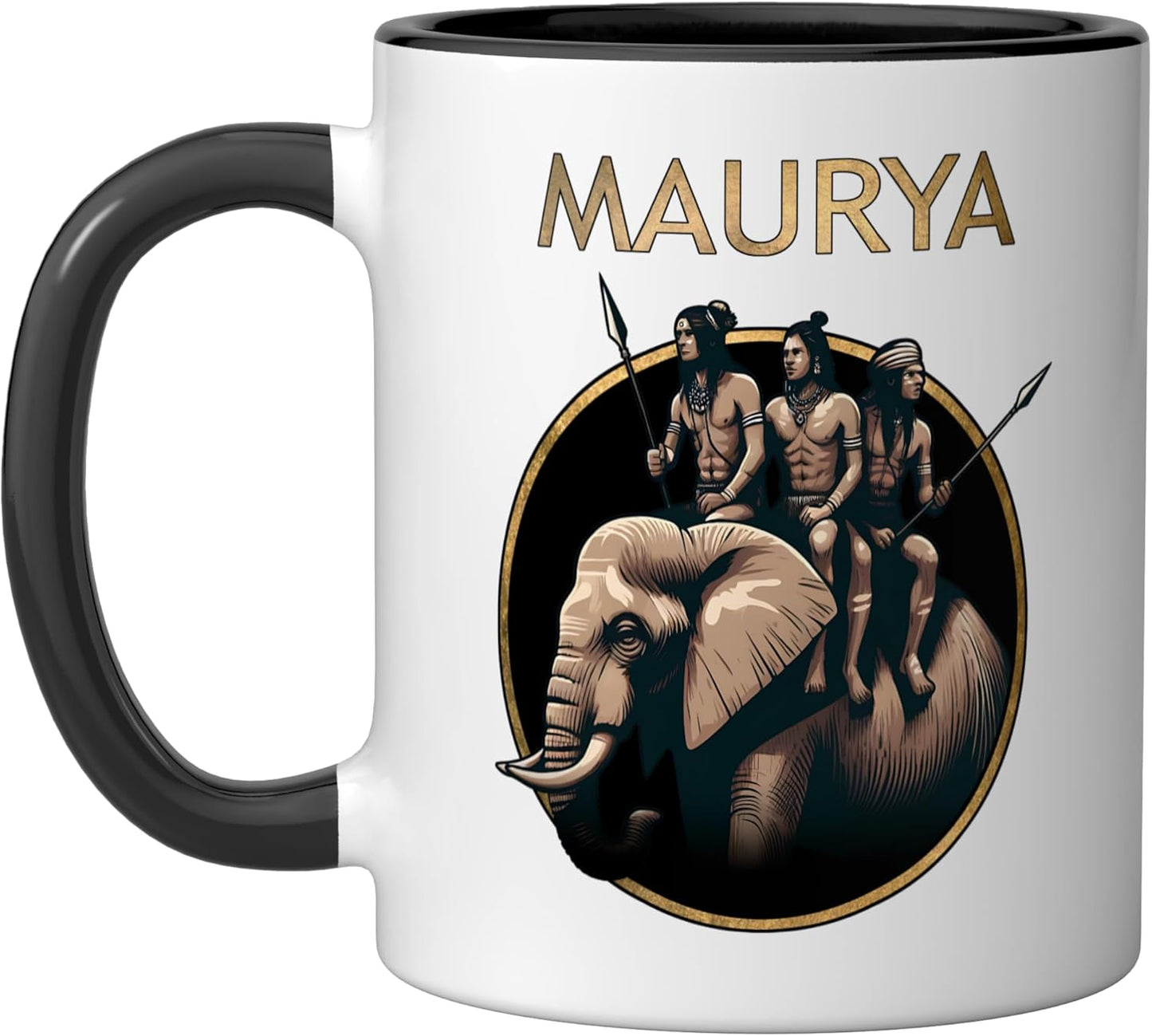 Taza cerámica Maurya Ancient War Elephant Imperio Mauryan Negro/Blanco