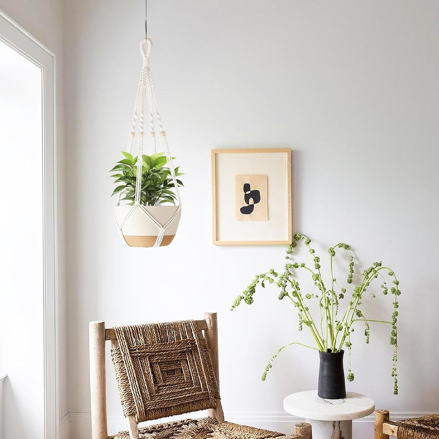 Colgador macramé 35pulg para plantas con cuentas madera