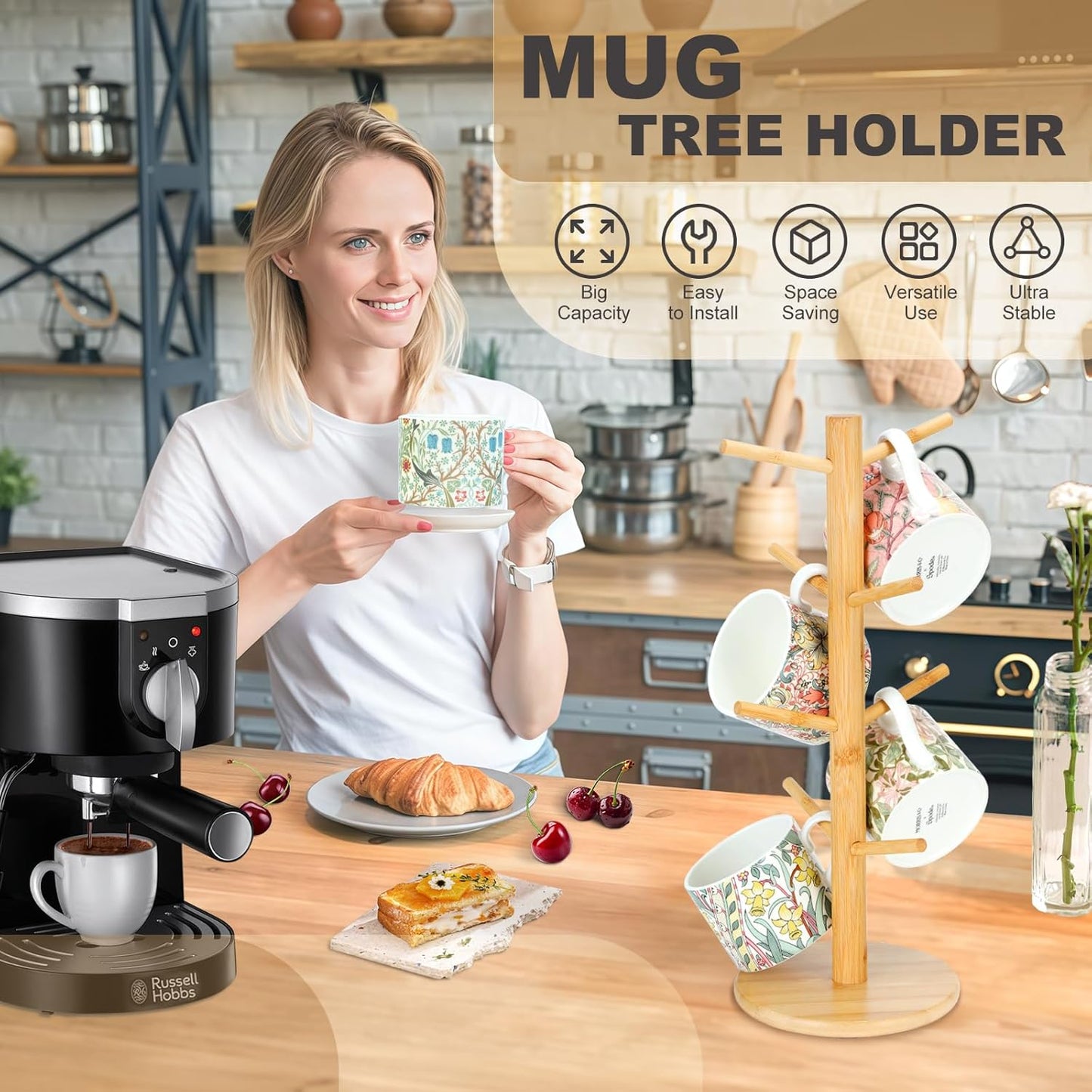 Porta tazas de bambú con 8 ganchos para mesa de café