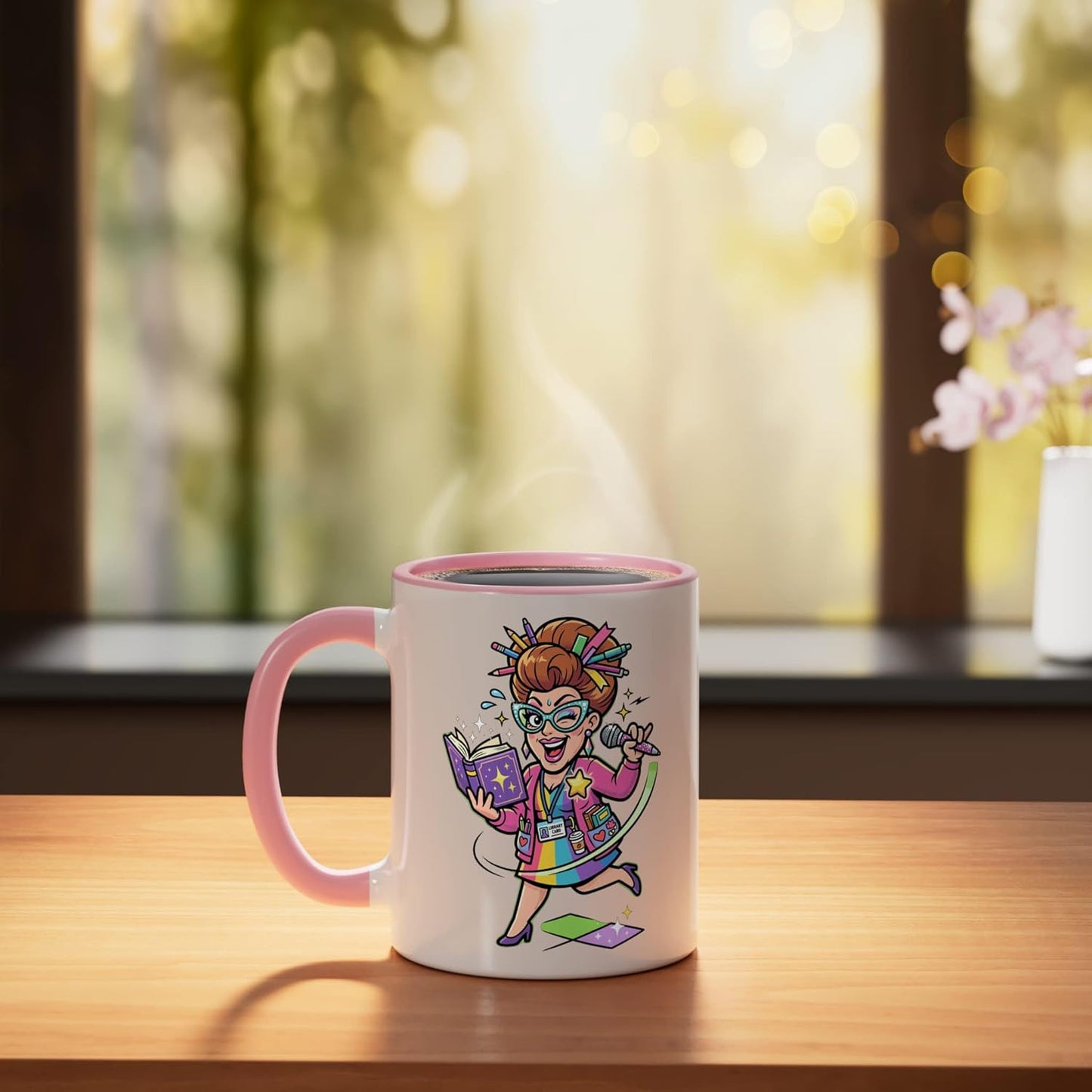 Taza Cerámica Gato Bibliotecario Estilo Retro Rosa/Blanca