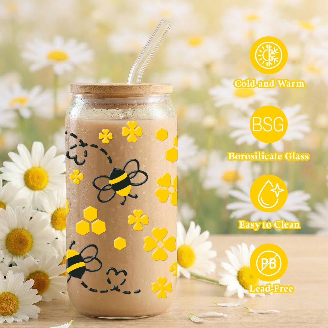 Taza Vidrio 16oz Con Tapas Pajita Regalo Abeja Mujer