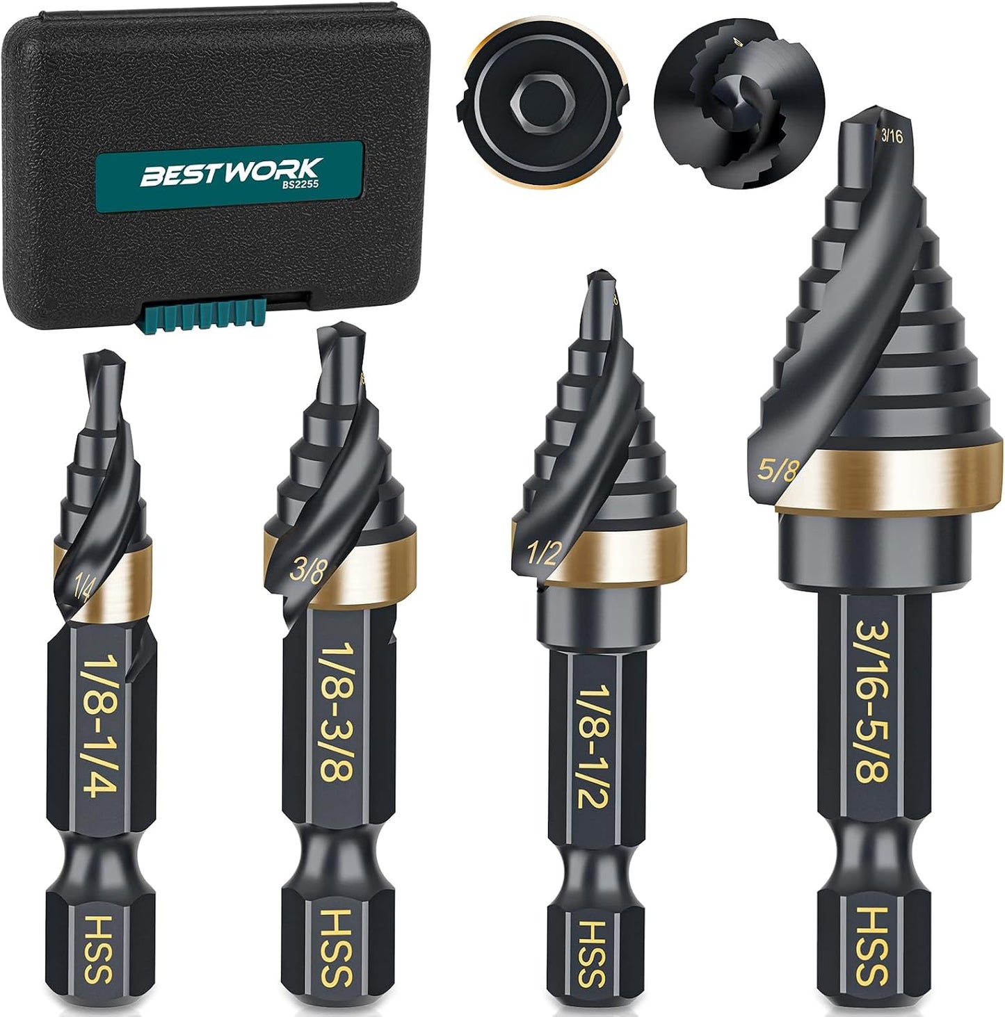 Set 4 Brocas Acero HSS Escalonadas 1/8-5/8pulg