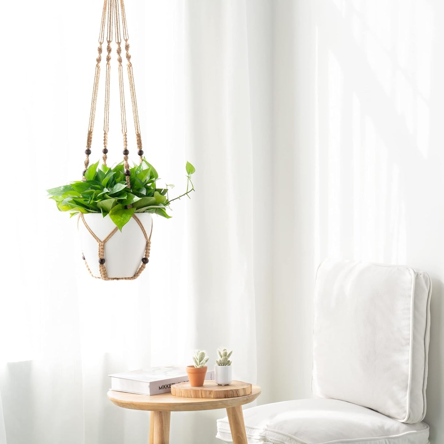 Colgador macramé para macetas cesta madera marrón