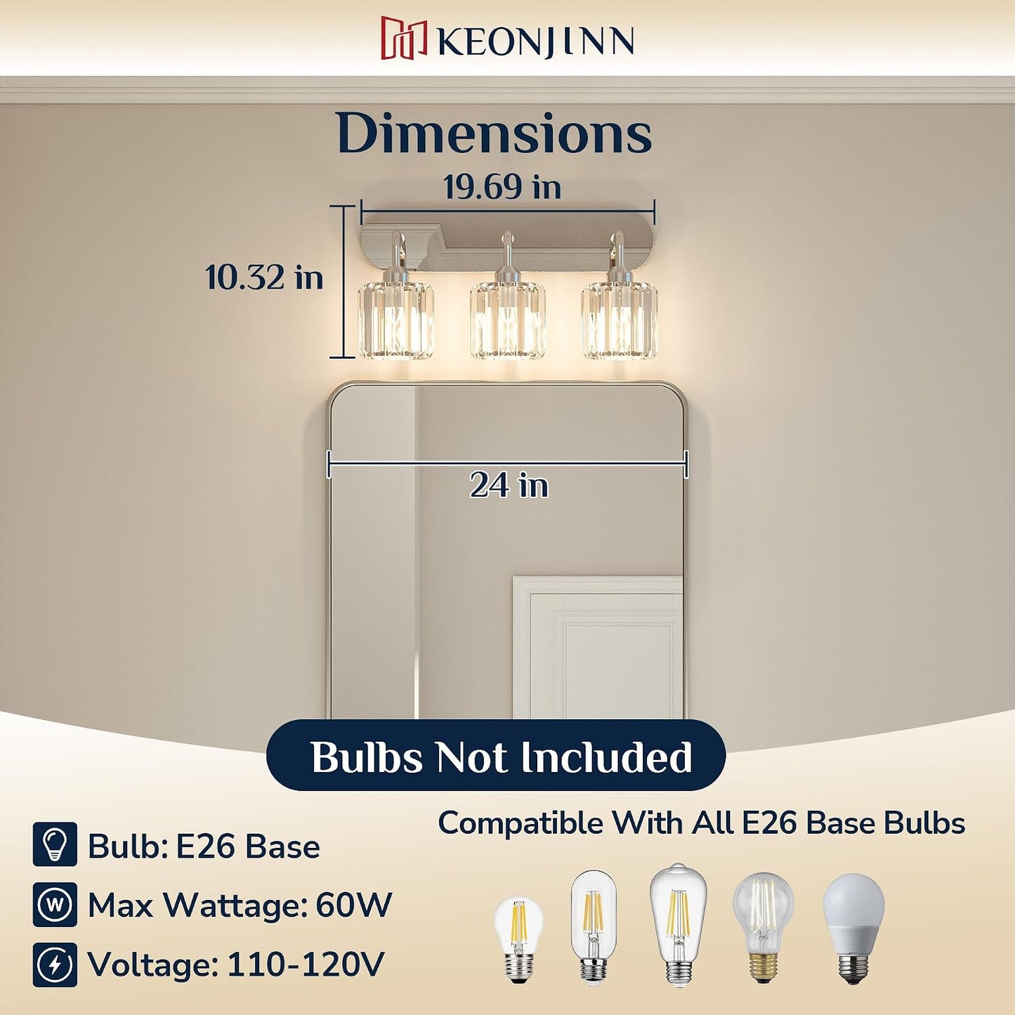Lámpara baño cromada 3 luces cristal sobre espejo E26