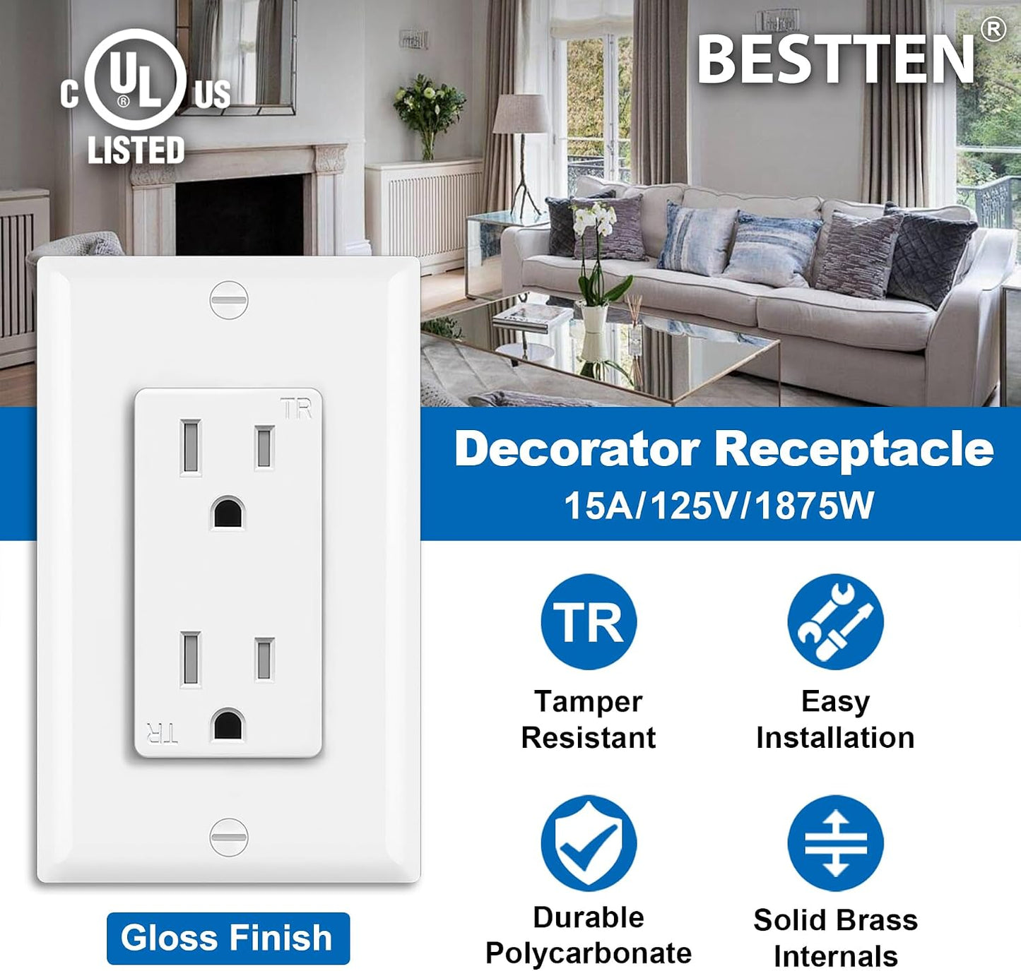 100 Tomacorrientes Decorativos 15A/125V Blanco Cert UL