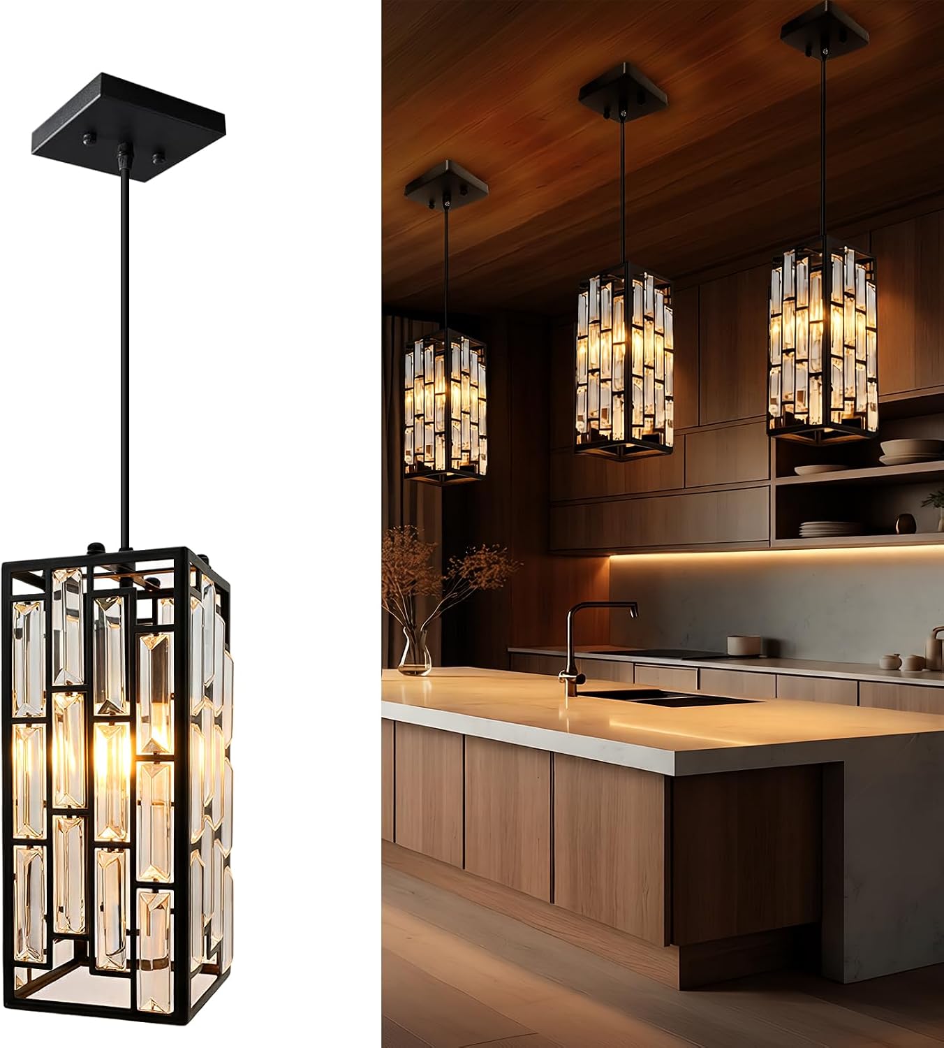 3 Pzas Luces Colgantes E26 Cristal Negro Cable Ajustable
